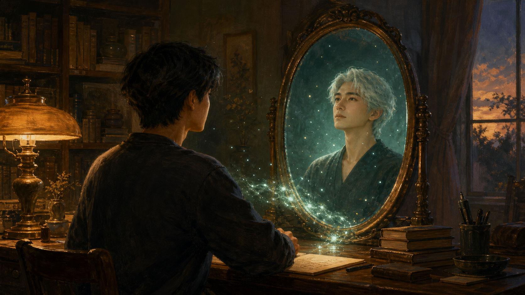 寫實魔幻油畫封面：黃昏書房中，黑髮的人坐在木桌前望向一面銅框立鏡，鏡中映出的是白髮的自己，微光如螢火在兩人之間流動