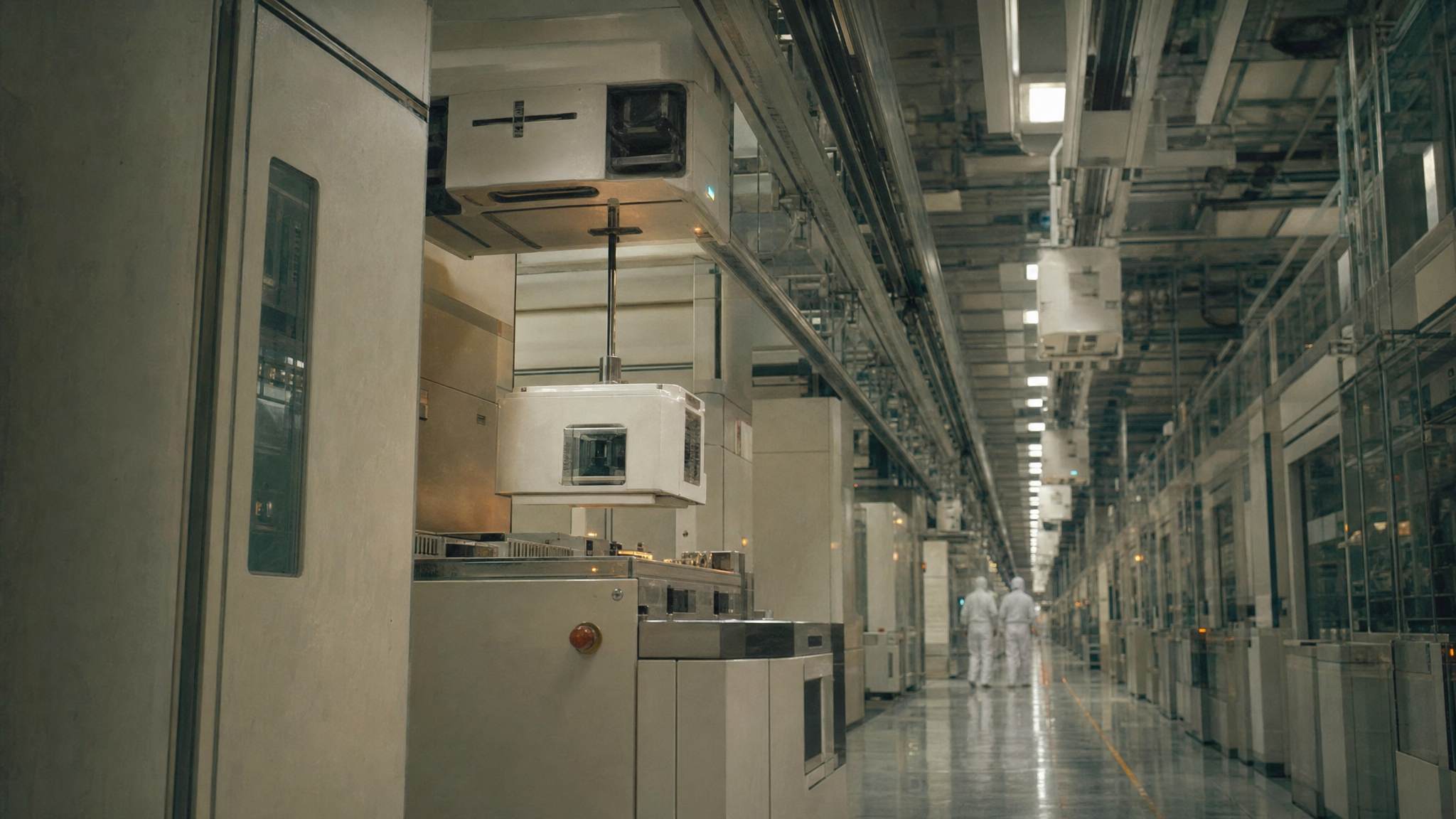 Looking up along a cleanroom aisle as an overhead vehicle lowers a wafer pod toward a tool's front end, with the ceiling rail running away into deep perspective