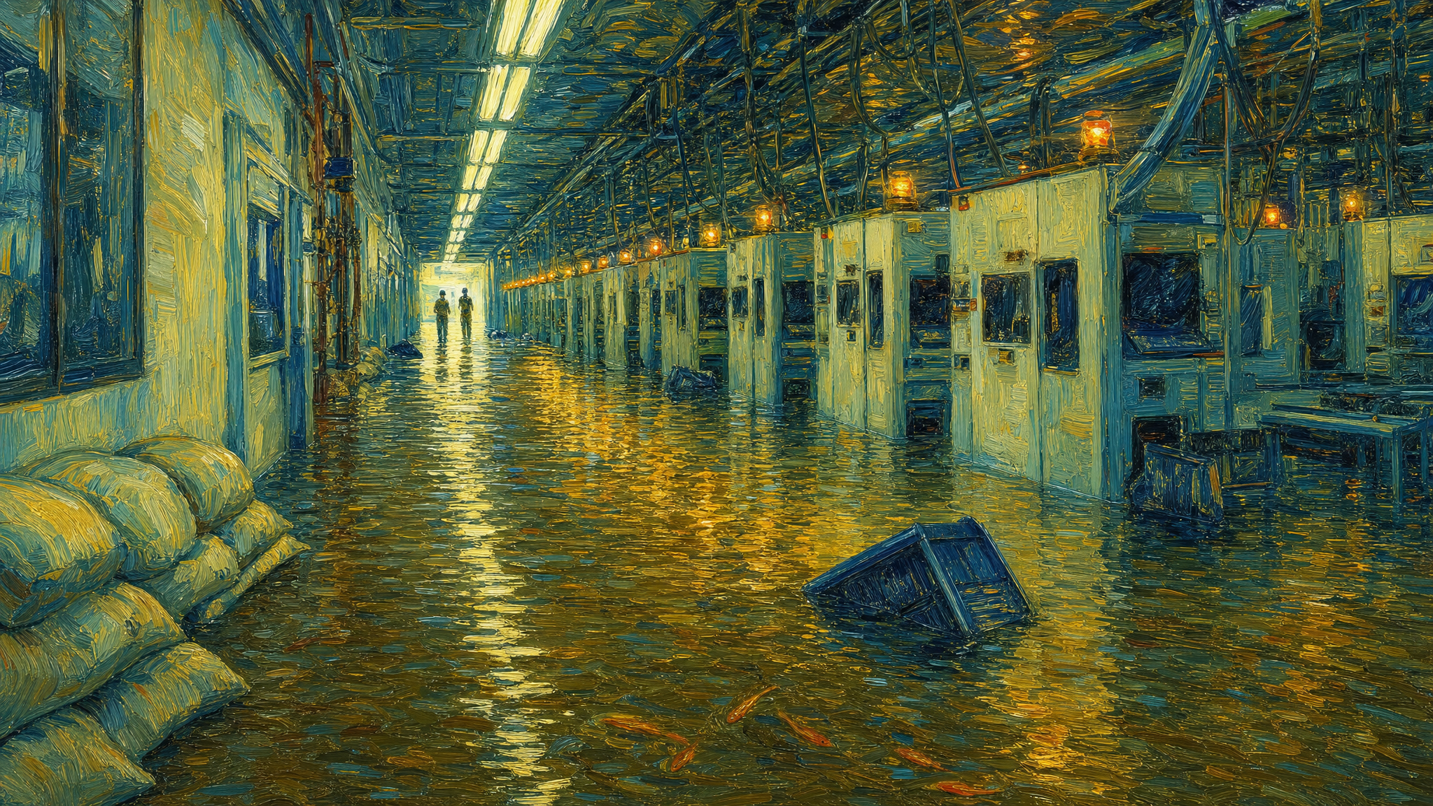 Interior of a flooded hard drive factory, water at knee height, rows of machine lights reflected on the murky surface, an engineer wading in the distance