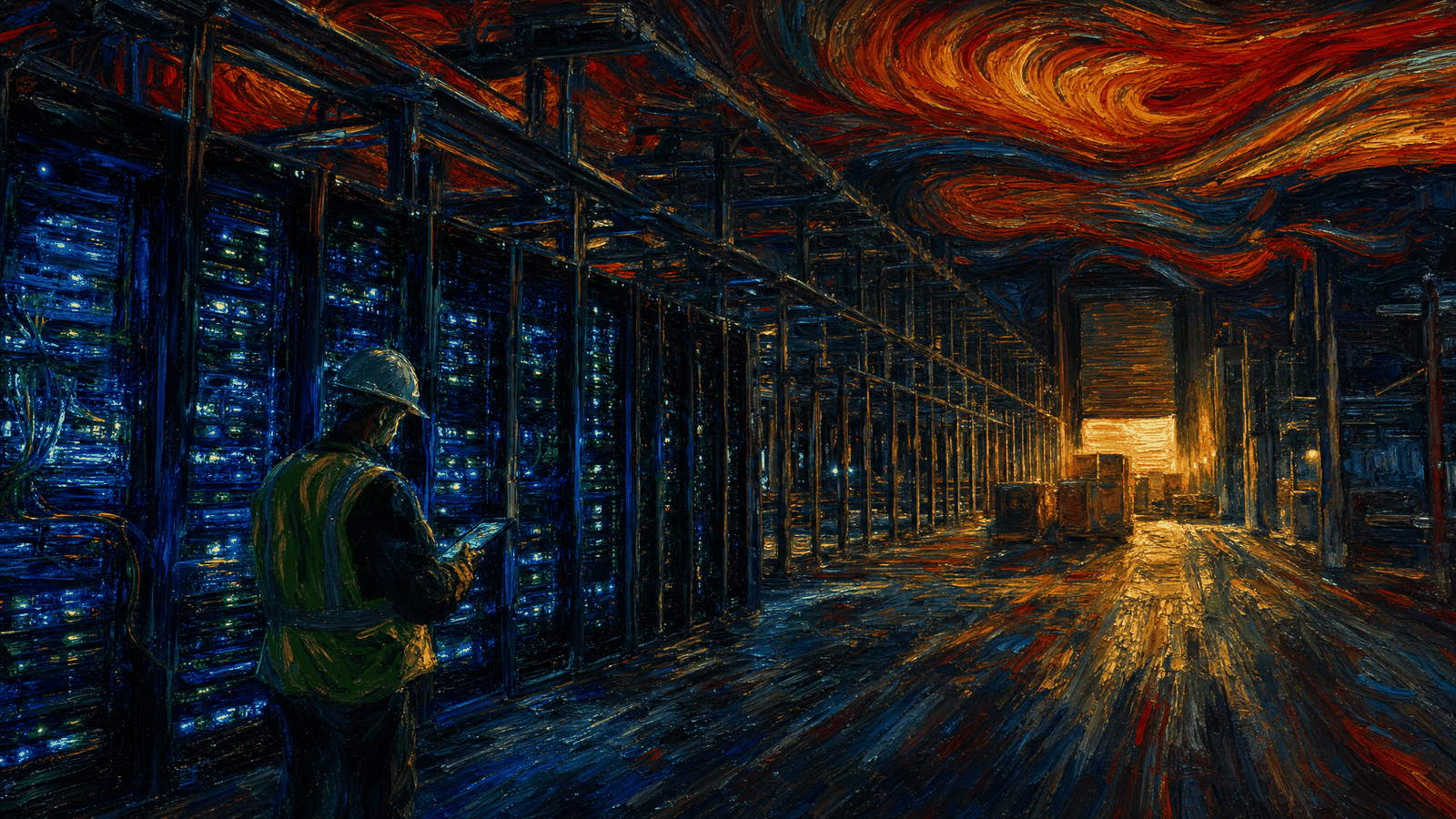 A vast data center hall under construction at night: nearby racks glow with blue and green status lights, and the same aisle stretches into dimness where empty rack frames and unconnected cable trays wait, ending at a half-open loading dock lit by work floodlights and stacked equipment crates