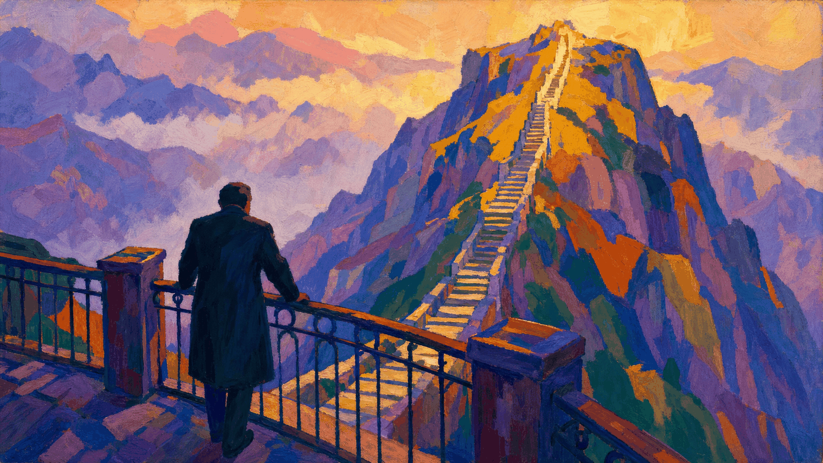 清晨的高山觀景平台上，一個人站在欄杆邊，順著一道往上延伸的石階往更高的稜線望去