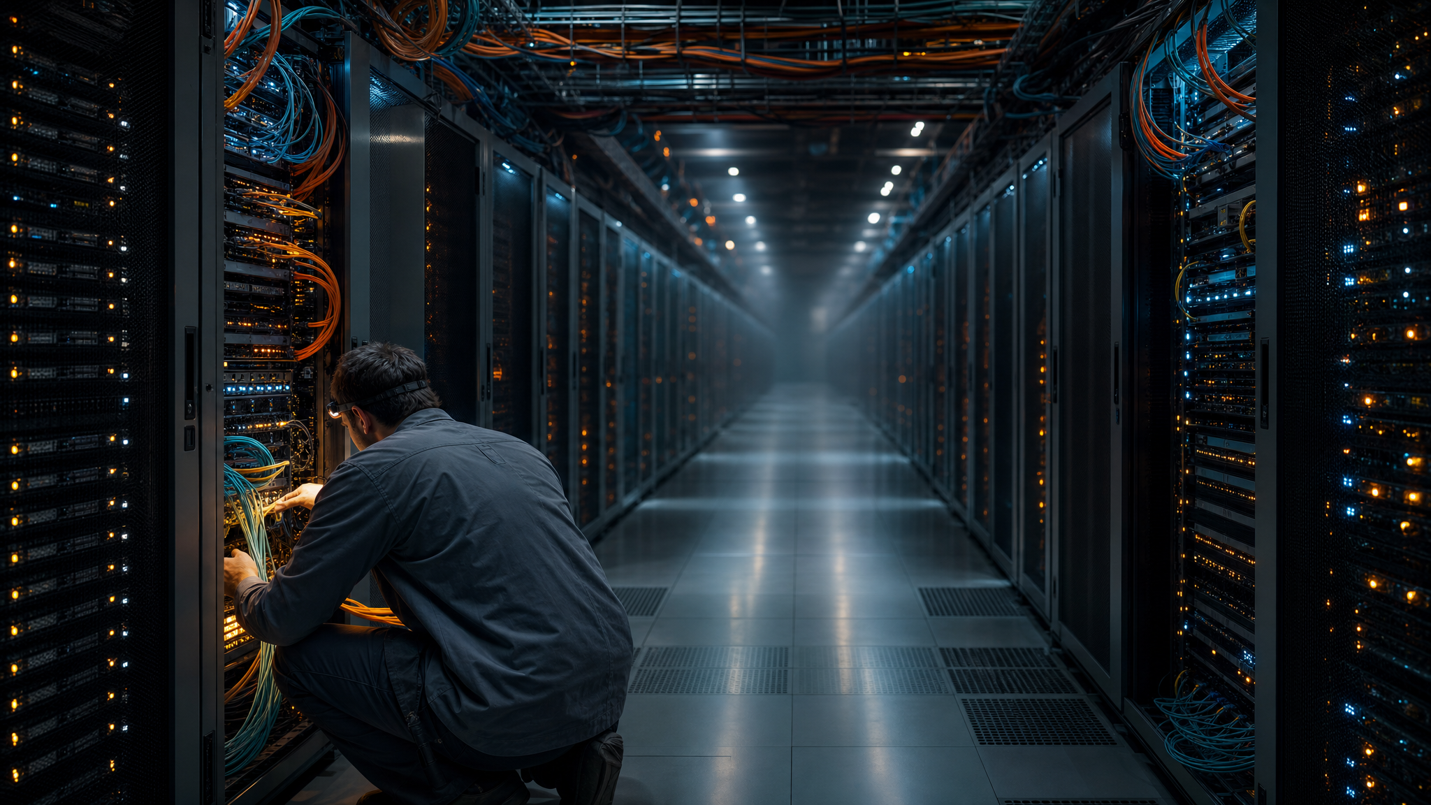 A long data center cold aisle in deep perspective, front racks brightly lit and the far end fading into darkness, an engineer crouched in the foreground routing a bundle of fiber