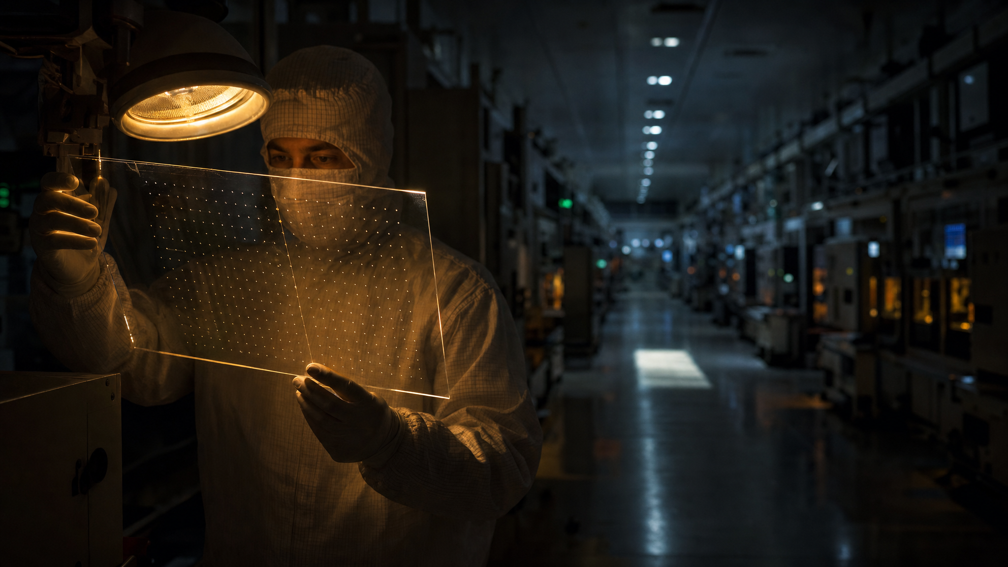 A deep cleanroom corridor where a single transparent glass substrate is held under an inspection lamp, light passing through it, rows of equipment receding into the distance