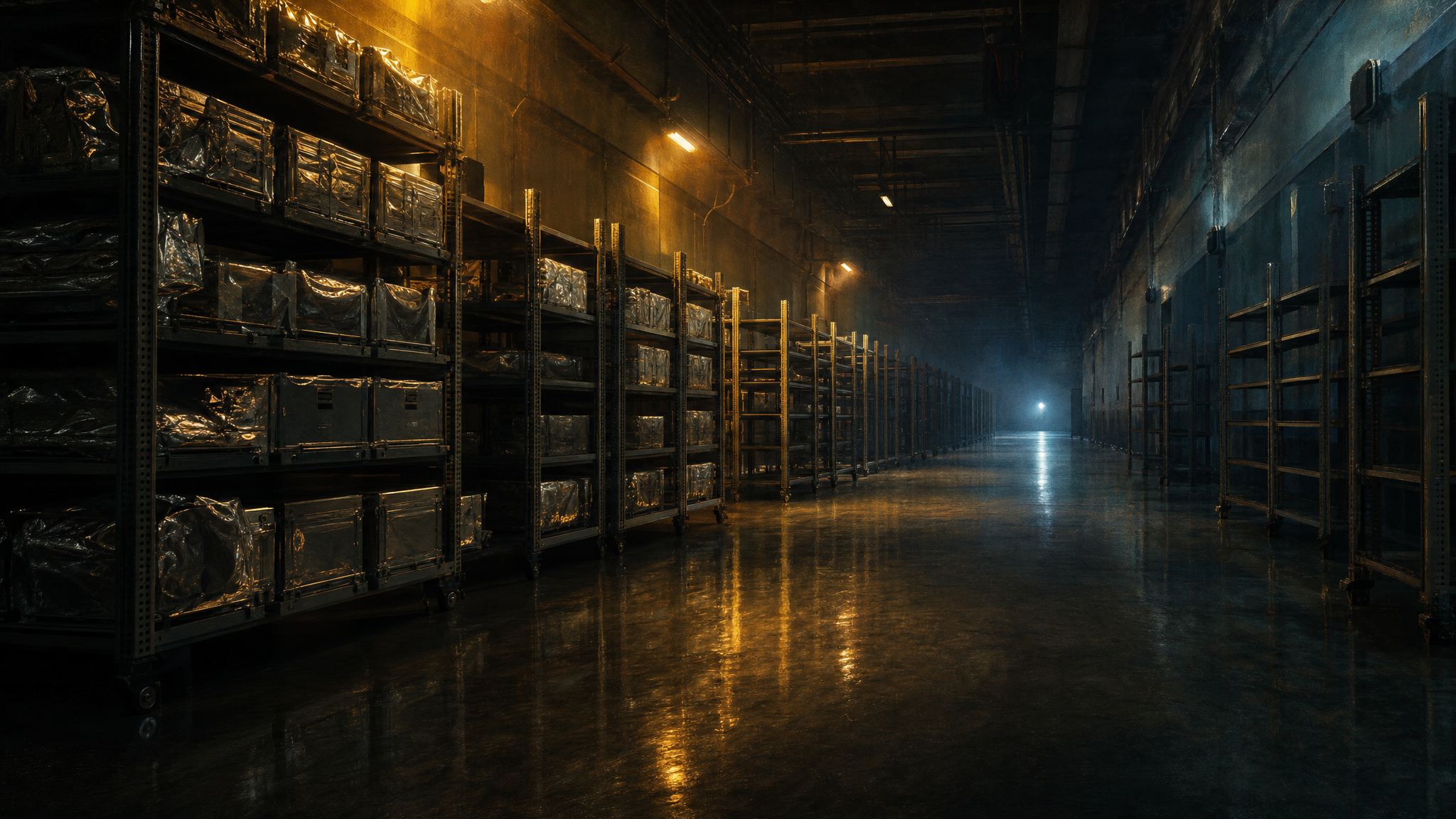 A night-time fab shipping corridor, racks in the foreground fully loaded and lit, growing emptier and darker toward the far end
