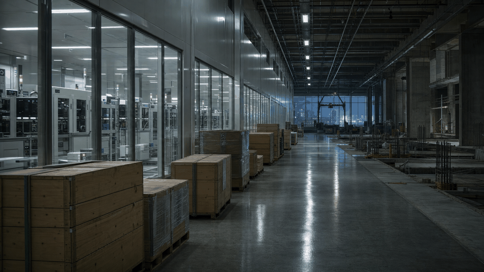 A circuit-board factory corridor late at night running deep into the building, newly installed machines glowing behind glass partitions, unopened crates stacked along the near walkway, and at the far end a bare concrete foundation with the silhouette of a crane