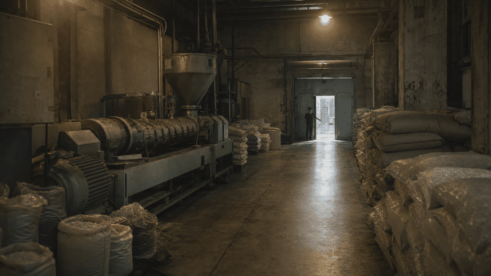 A deep factory corridor leading to a half-open heavy door, dim amber plastics shop outside, cold white cleanroom light spilling out from inside