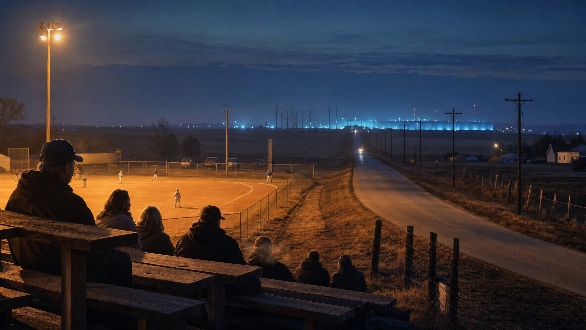 A small town at dusk: a lit community ball field with residents in the bleachers in the foreground, a road running toward the horizon where a low data center and substation give off a pale blue glow
