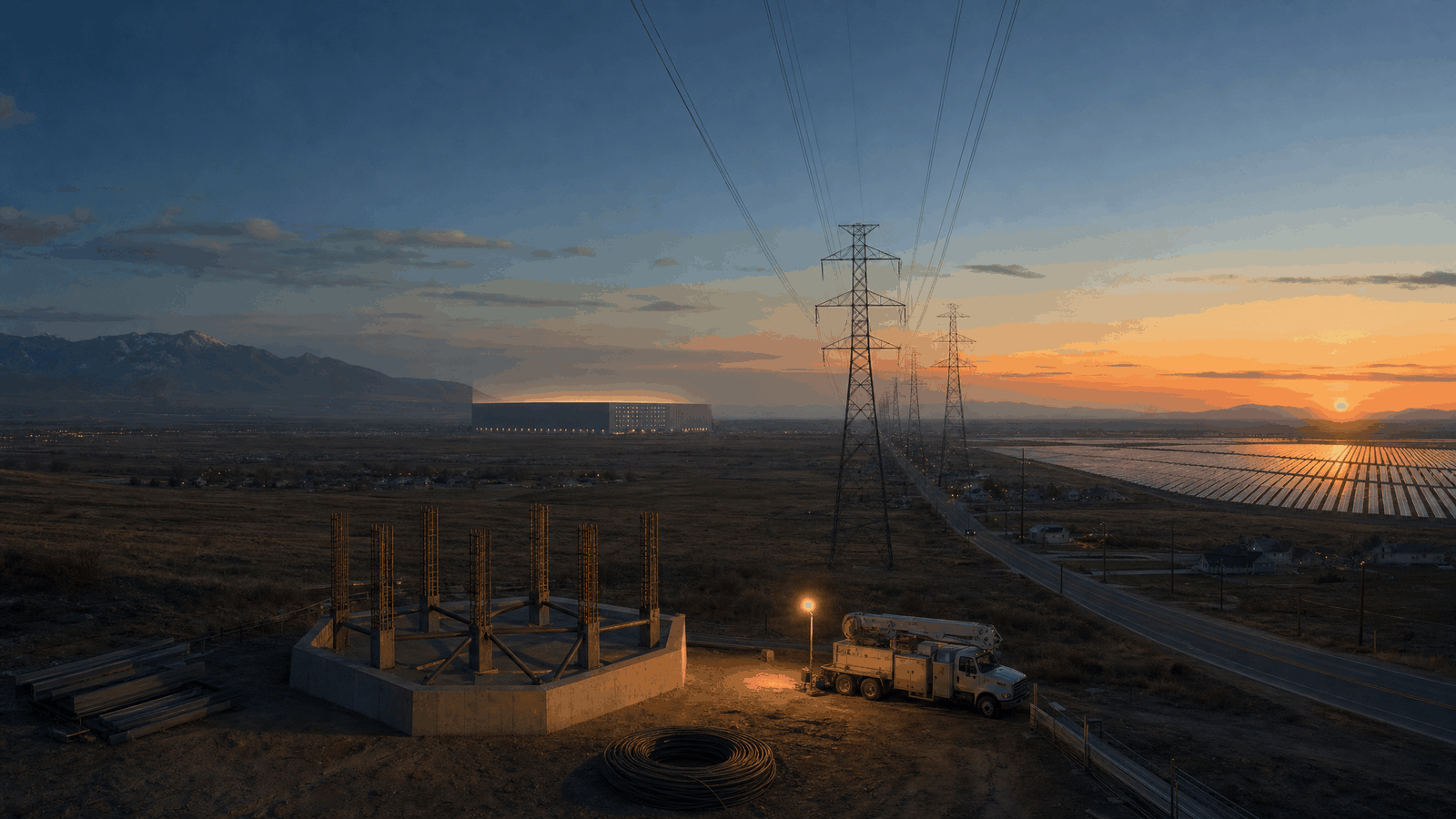 A suburban substation at dusk, transmission towers running down a long road toward a distant solar field, a work light illuminating an unfinished tower foundation in the foreground