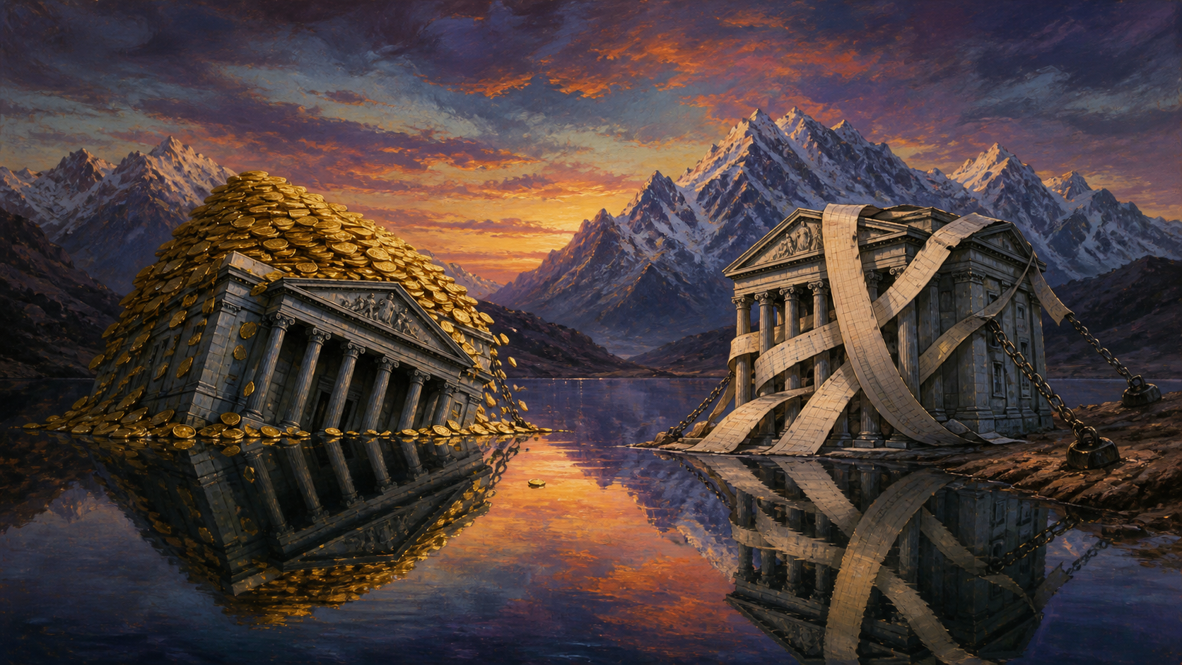 Oil painting cover: two mirrored classical bank buildings across an alpine lake, one sinking under gold coins, the other bound in ledger ribbons and chains
