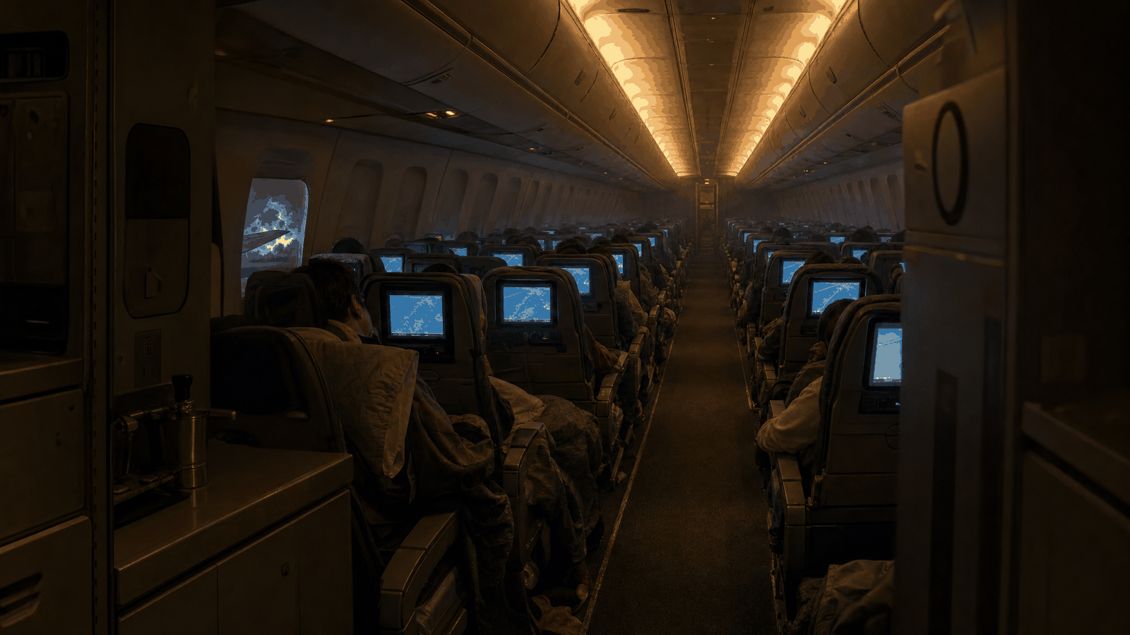 夜間寬體客機機艙，走道往機尾深處收窄，兩側每一塊座椅螢幕都亮著同一張地圖，中段一扇窗外是機翼與遠方被閃電照亮的雷雨線
