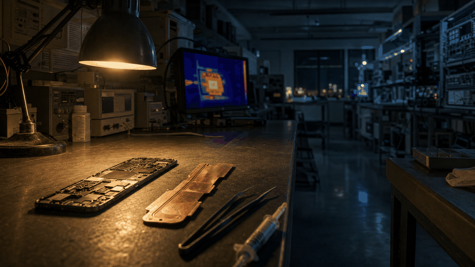 A late-night hardware lab bench with a phone logic board and a copper vapor chamber side by side on an anti-static mat, a thermal camera screen glowing in the distance