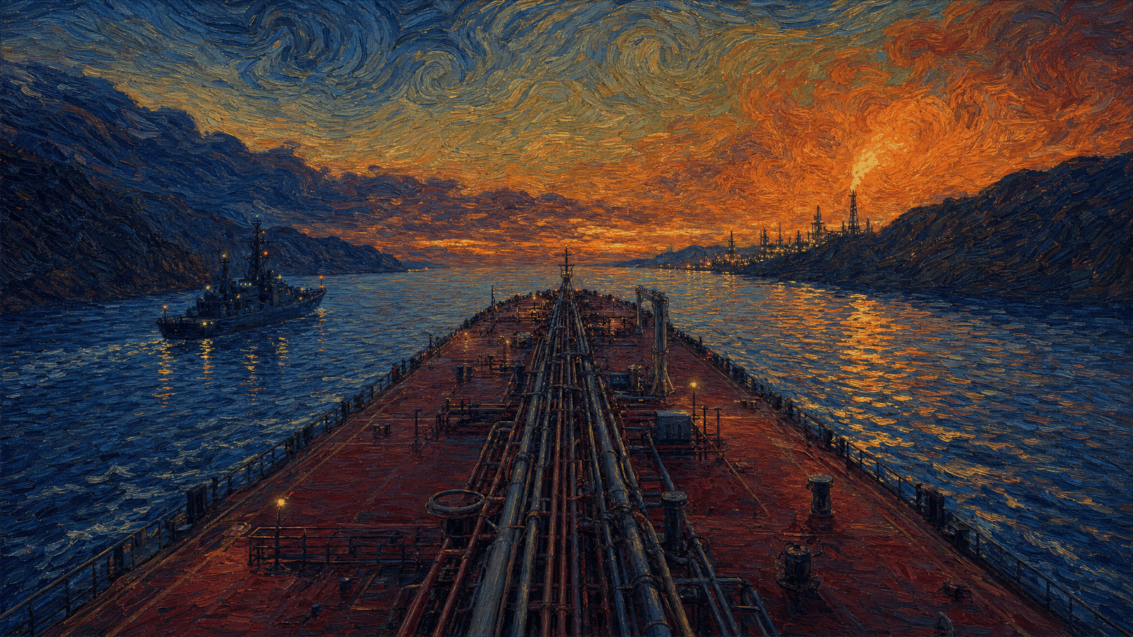 At dusk a large oil tanker moves through a narrow strait, seen looking forward along its deck, with a distant refinery flare turning the haze orange