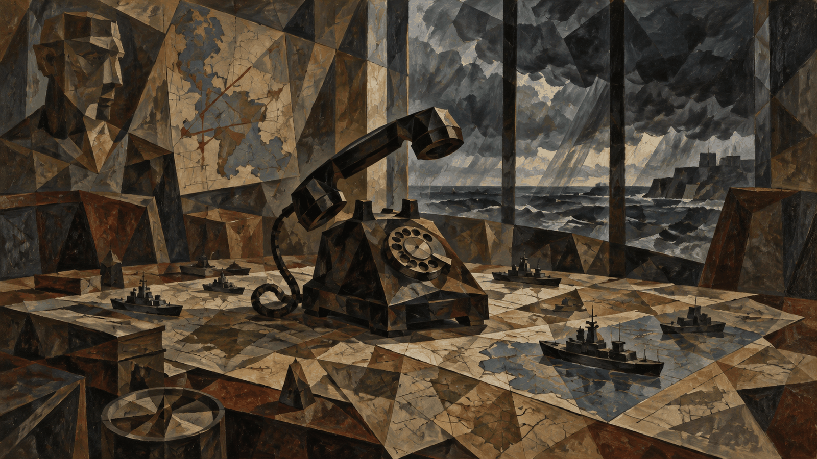 Cubist oil painting: a war-room table spread with maps and toy battleships, an old rotary telephone in the center with its receiver lifted as if someone is about to answer, a storm gathering over the sea outside the window