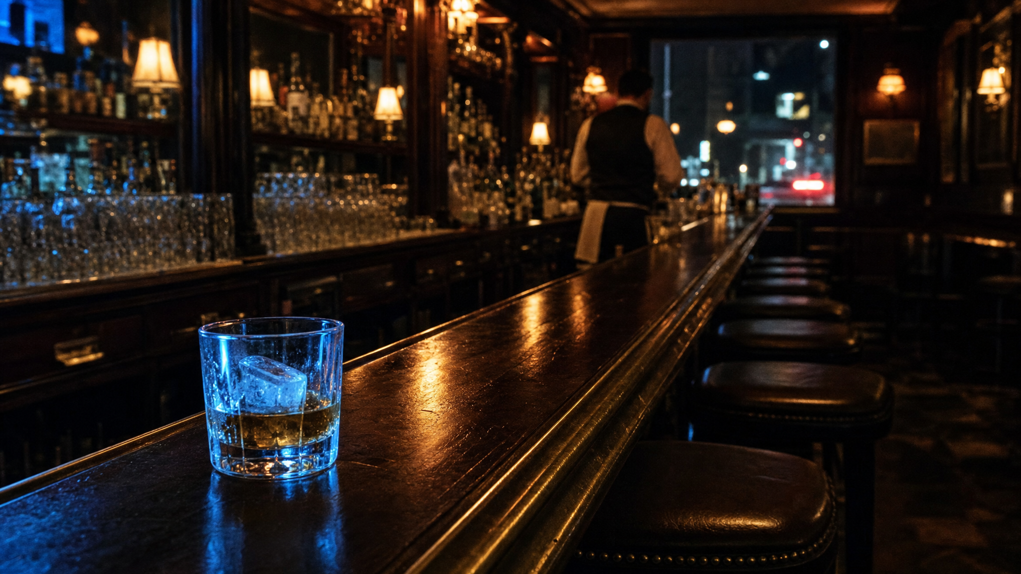 A long bar receding deep into a dim room, an untouched glass of whiskey in the foreground catching the cold glow of a screen, a bartender polishing glasses with his back turned, no customers