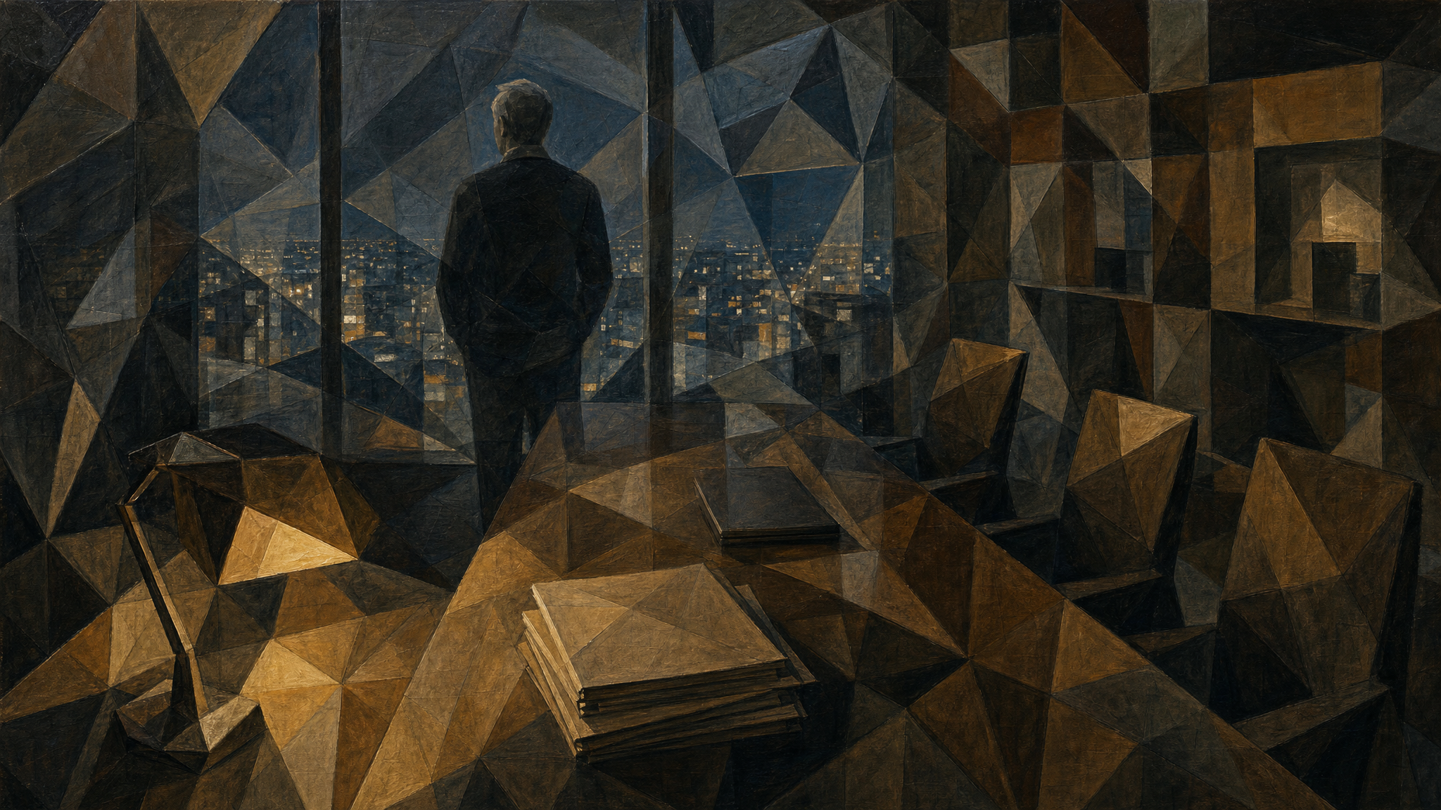An executive stands alone at a floor-to-ceiling window in a night office, looking out over the city, an unsigned stack of proposals on the long table behind him