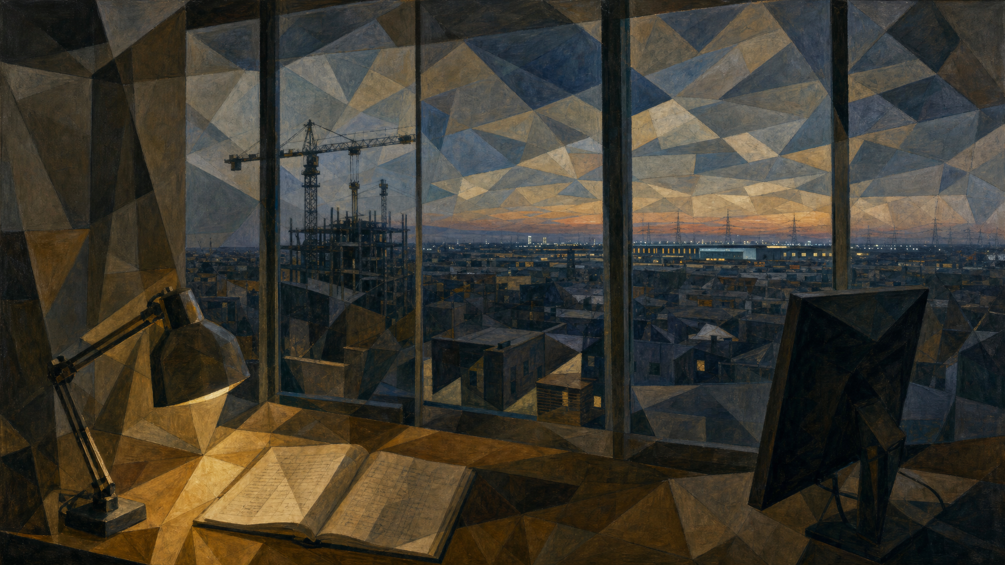 A high-rise office at dusk, one lamp at the end of a long desk, cranes and distant data-center lights beyond the window stretching to the horizon