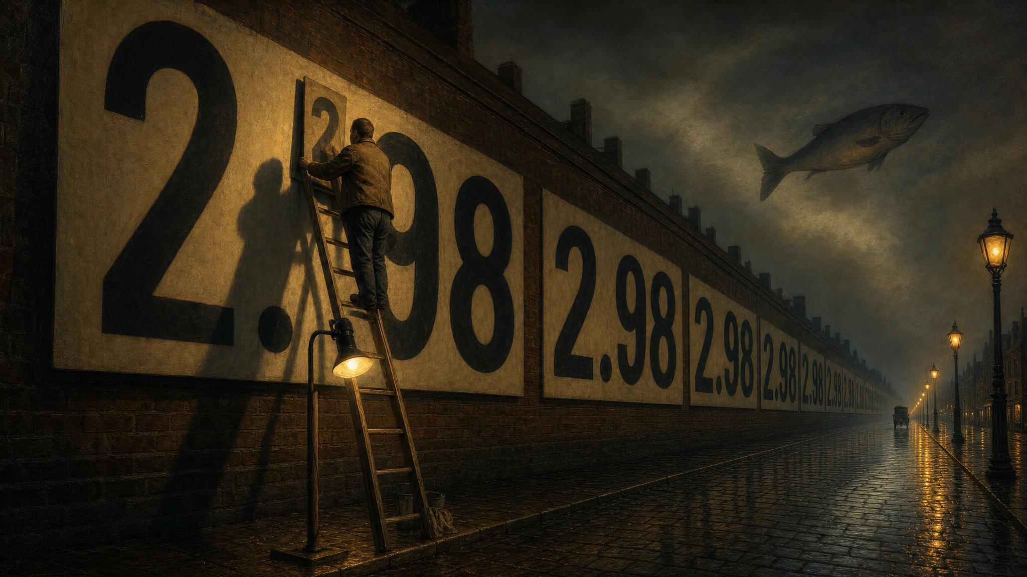A worker climbs a long ladder at night to change the numbers on an enormous price board that runs down the street and dissolves into fog