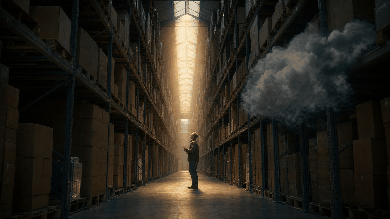 A long warehouse aisle at dusk, shelving receding into depth, one worker with a clipboard standing under a single shaft of skylight