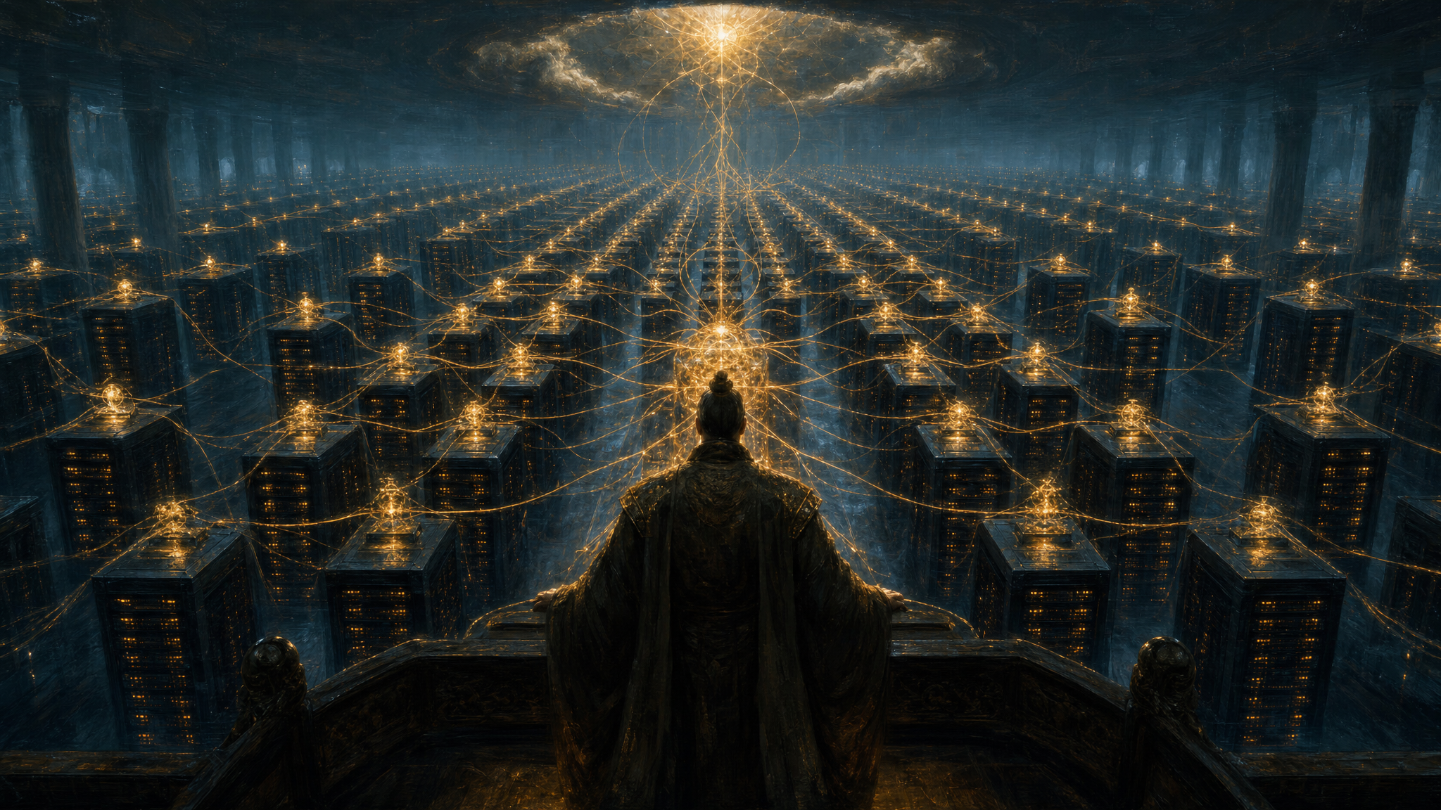 Photorealistic magical-realism oil painting cover: multi-node server racks arrayed like a tightly organized army, invisible command lines and a nervous system linking countless machines into one; a whole rack behaves as a single computer — the spirit of Sun Tzu's "governing many is like governing few; it is a matter of numbers and formations"