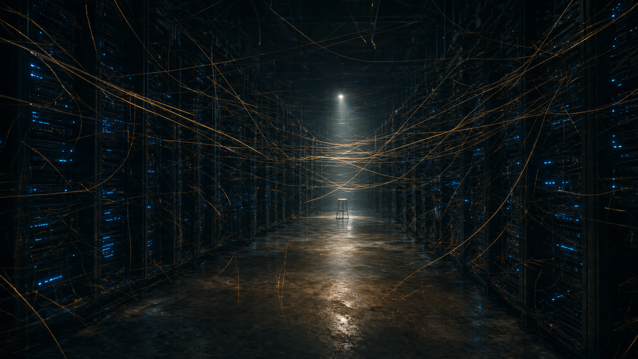 A dim server hall receding into the distance, with hundreds of thin fiber threads strung improvised between the racks like a private network, one of them snapped and drifting in the air