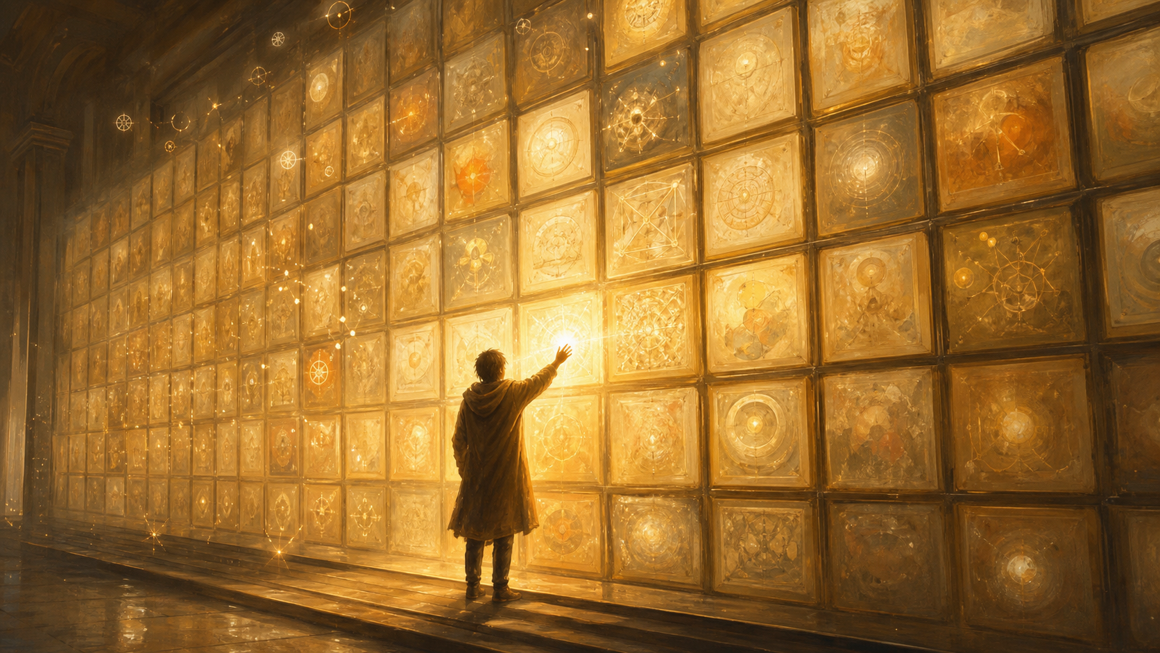 A vast luminous wall of warm glowing pages and floating knowledge cells in a grid, like a giant living cheat sheet; a lone learner reaches out to touch one cell that lights up as if suddenly understood, small glowing symbol-motes drifting around in soft morning light