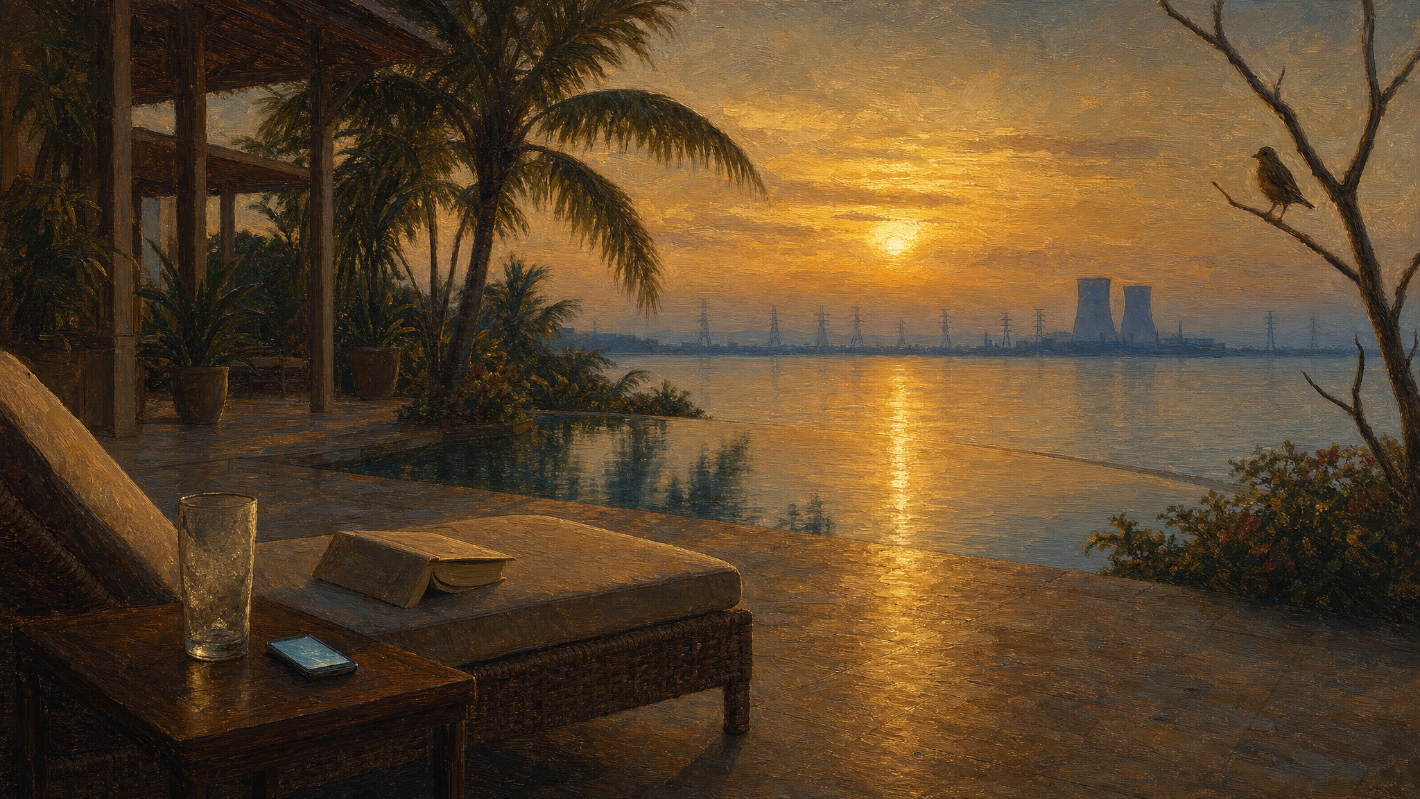 Realist oil-painting cover: an open terrace at a tropical seaside resort at dusk. In the near foreground an empty rattan lounge chair holds a book left open face-down and a tall glass of melted ice, a phone lying face-up with its screen faintly glowing, and a small bird perched on a thin bare branch beside the armrest. Mid-ground, the mirror-still surface of an infinity pool catches the last gold of the sun. Far across the bay, on the horizon, a long line of high-voltage transmission pylons and cooling towers stands in cool blue silhouette against the fading sky