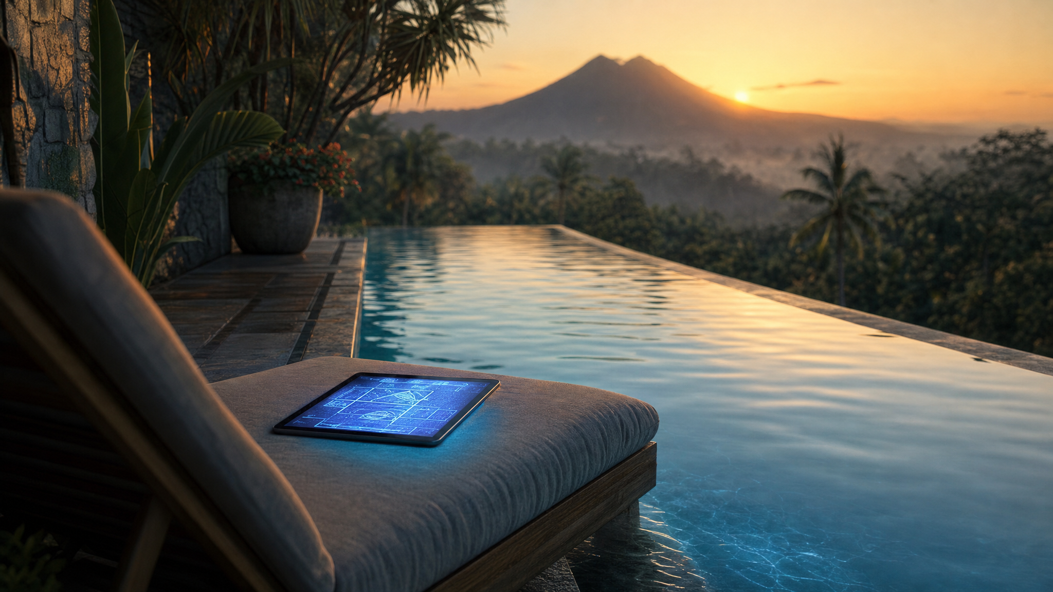 A poolside lounger at dawn, a tablet resting on the listener's lap, faint engineering charts reflected on the water, the view receding toward misty palms and a distant ridge