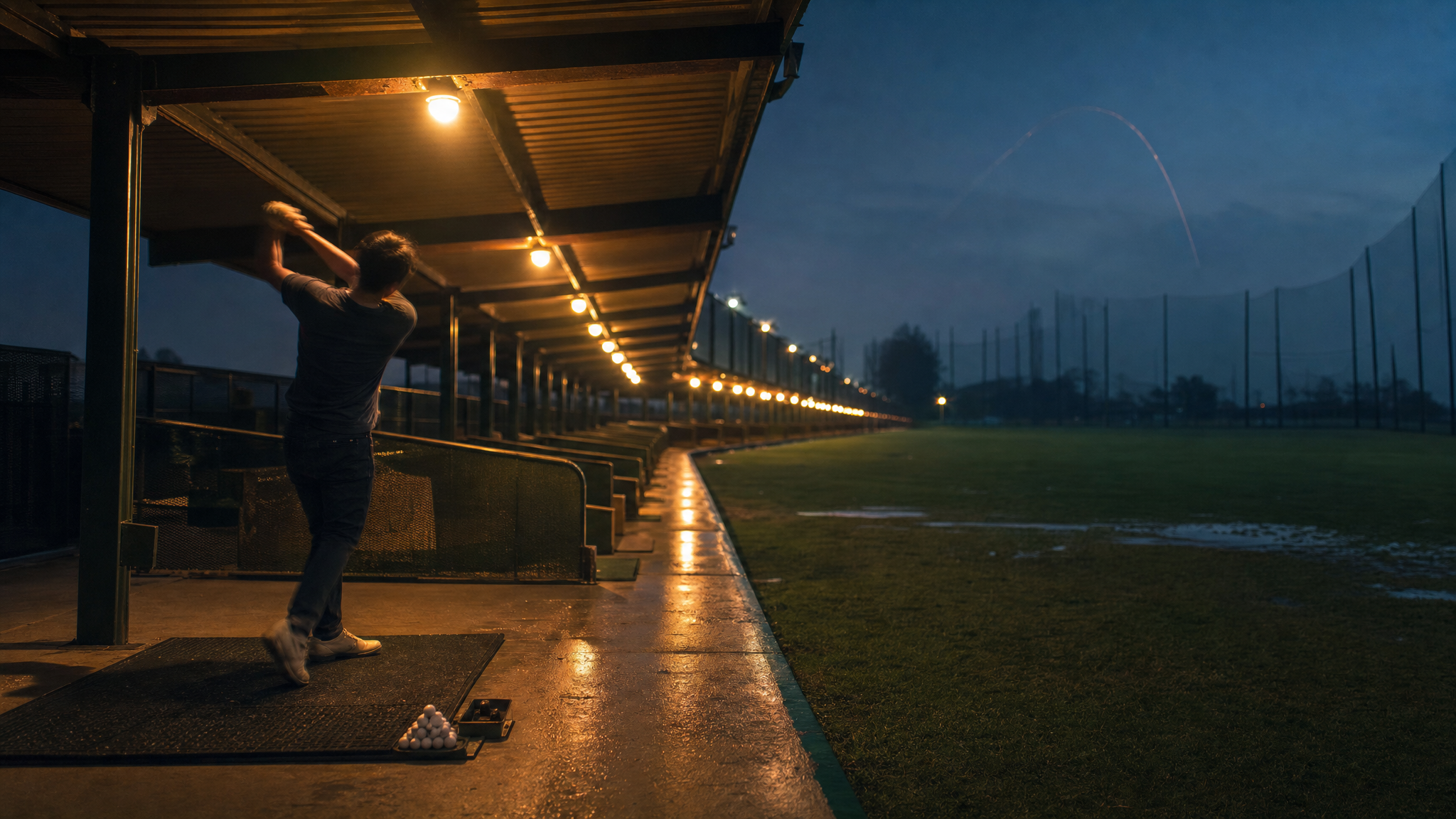 A golf driving range at dusk, a long row of empty bays receding into the distance, one lone figure in the nearest bay repeating a swing