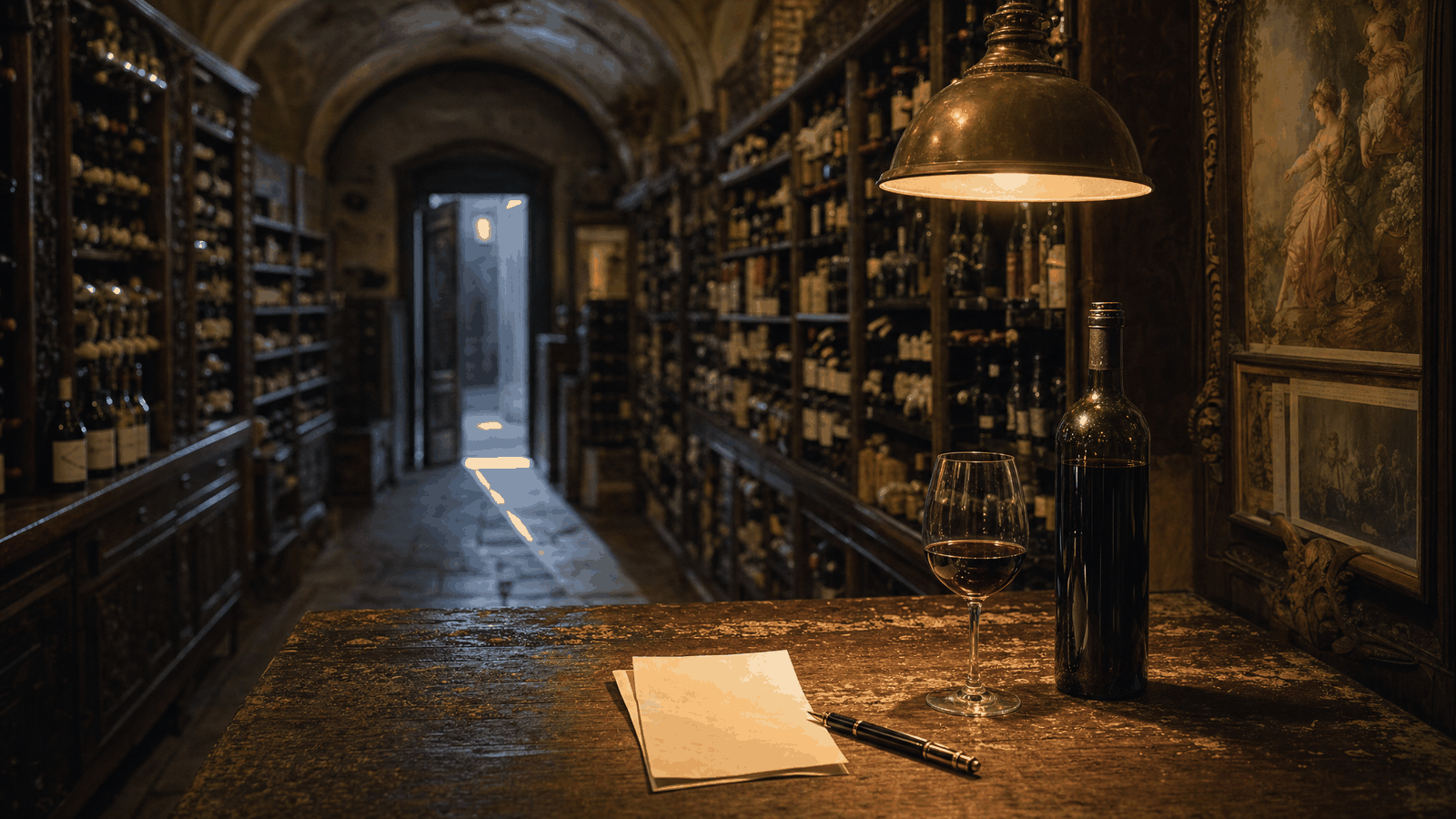 A wine shop counter late at night, a warm lamp over a blank receipt, wine racks receding down a long aisle into cool blue shadow