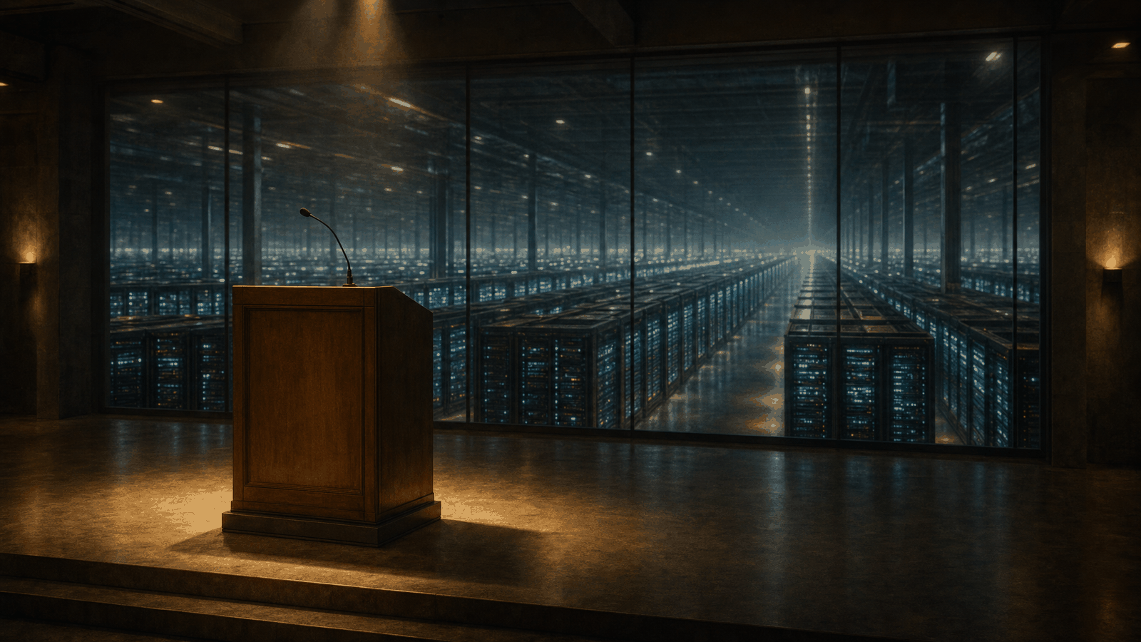 A speaker's podium with a server hall extending far behind a full glass wall