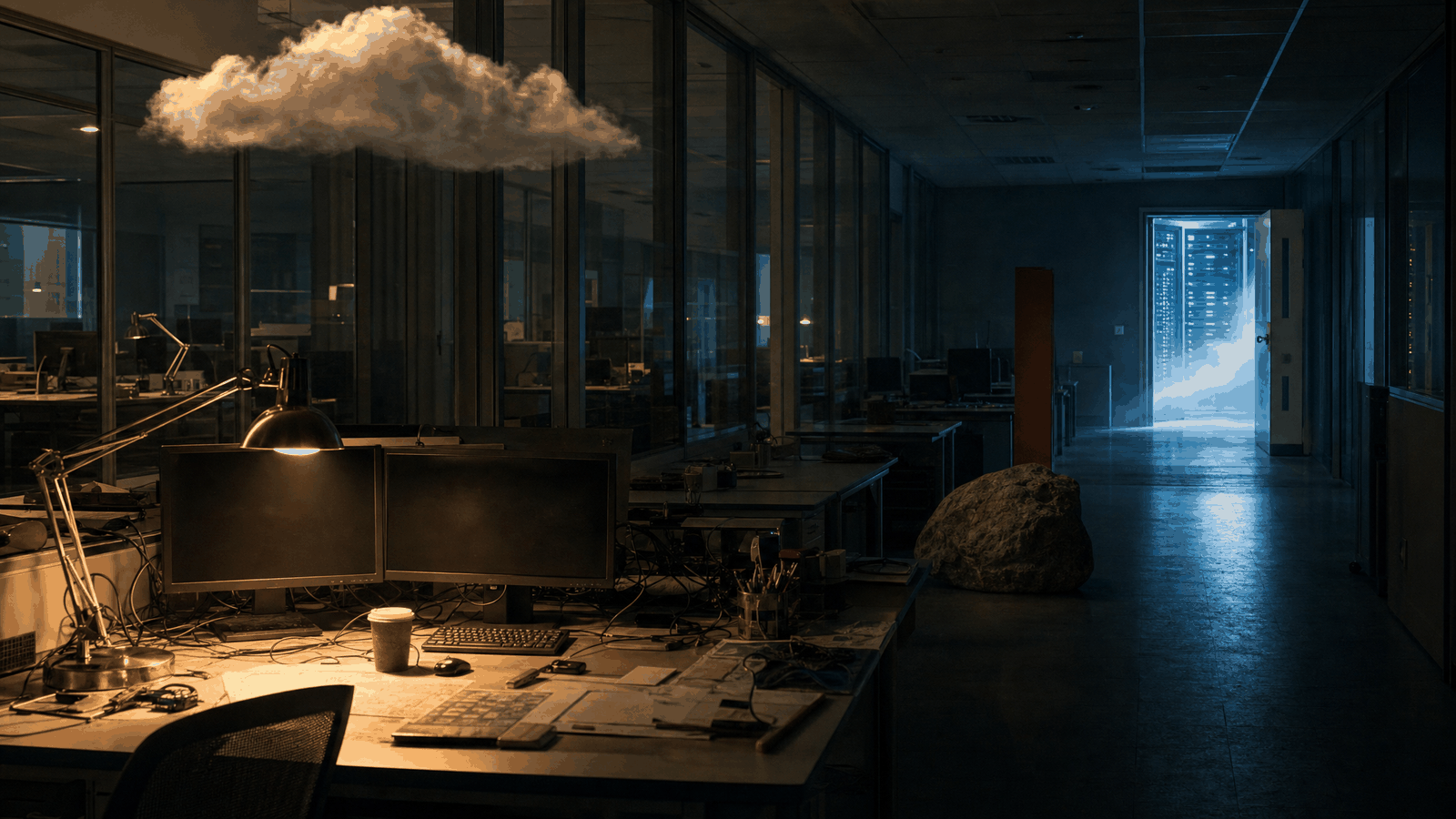 深夜的 IC 設計辦公室，一排空桌只留一盞檯燈，長廊往深處延伸到機房門口透出的藍光