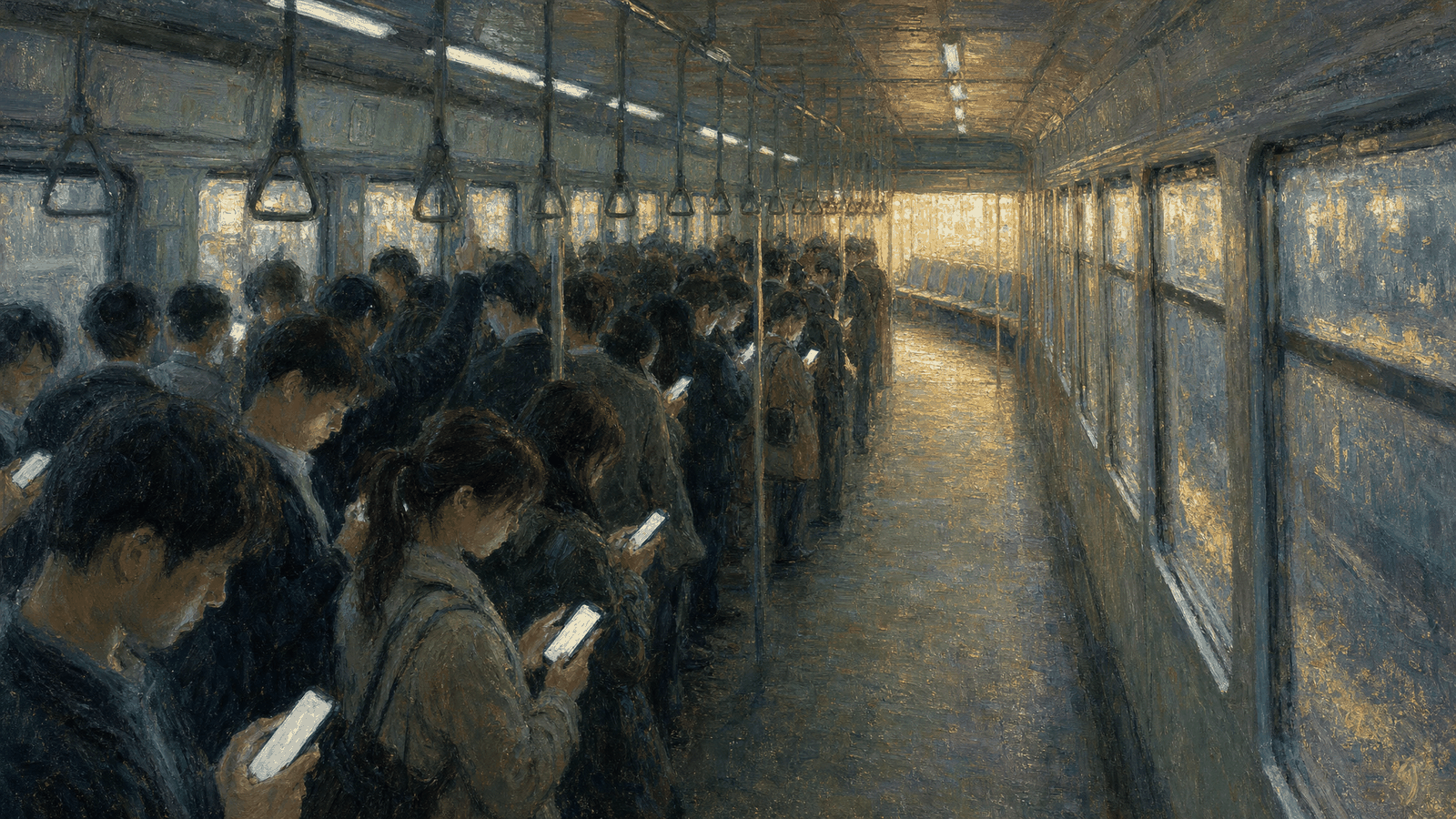 通勤電車車廂內，近端的乘客擠在一起、人人低頭看著同樣亮度的螢幕，車廂盡頭的遠端只剩一排空座與窗外透進來的暖光