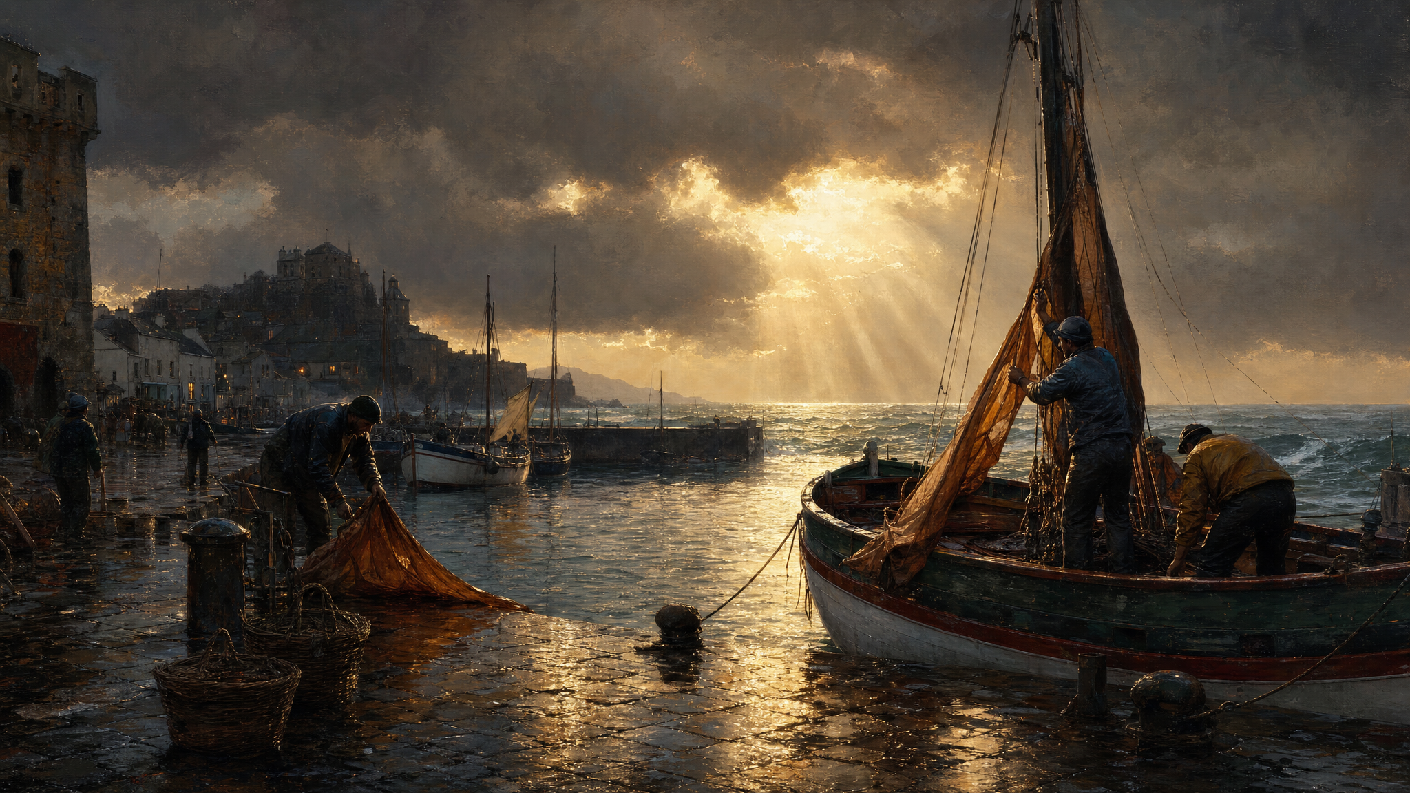 Realist-magical oil painting: a small fishing harbor right after a violent storm, fishermen furling sails at the dock, storm clouds breaking open with shafts of golden light