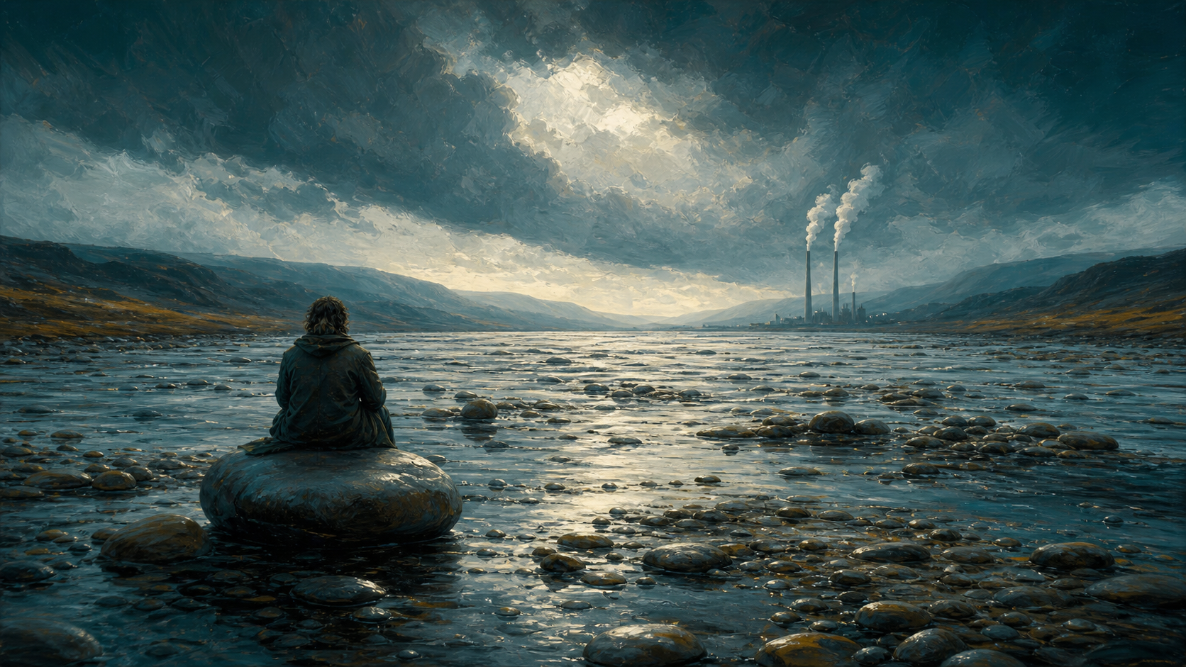 寫實魔幻風格油畫封面：暴雨過後的空曠河床，水已退去卻不見殘骸，一名旅人坐在石上望向重新聚攏的雲層，遠處工廠煙囪仍規律地冒著白煙