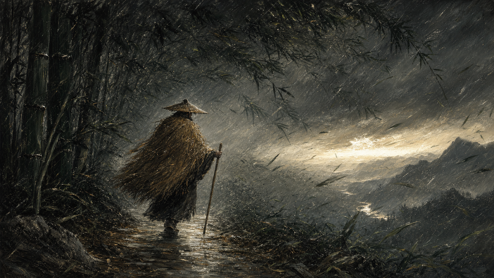暴風驟雨的竹林中,一位身著蓑衣的旅人拄著竹杖從容徐行,雨絲被狂風斜斜打過林葉,四周天色陰沉、竹影翻飛,唯獨旅人神色平靜、步履不亂,遠處雲層裂開一線微光