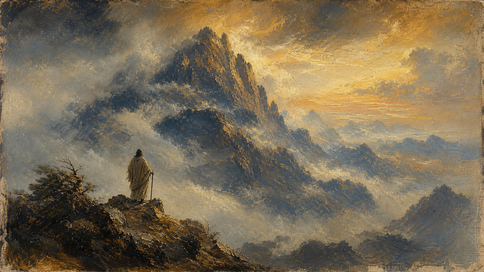 A colossal mountain rendered as translucent glass, revealing glowing golden clockwork gears and rivers of luminous blue source code inside; a small lone figure stands at a cliff's edge reading a glowing scroll of code, gazing at the transparent mountain; dawn light through drifting mist — the invisible black box made visible as a mountain