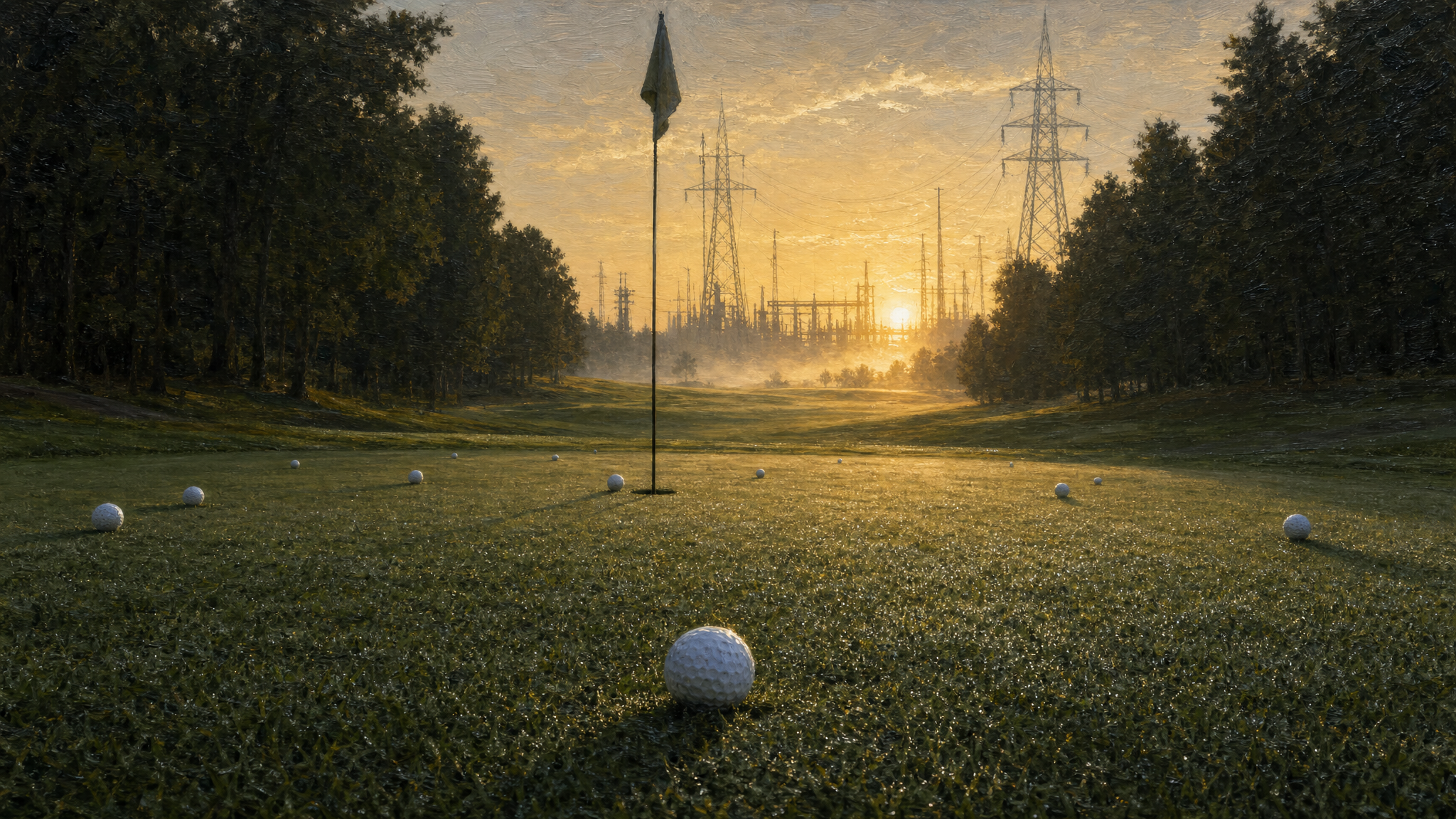 Realist oil painting cover: a par-three green at dawn, a dozen white balls scattered in the dew-wet grass around the flagstick, the fairway receding into depth, with the backlit silhouettes of a vast substation and transmission towers on the far horizon
