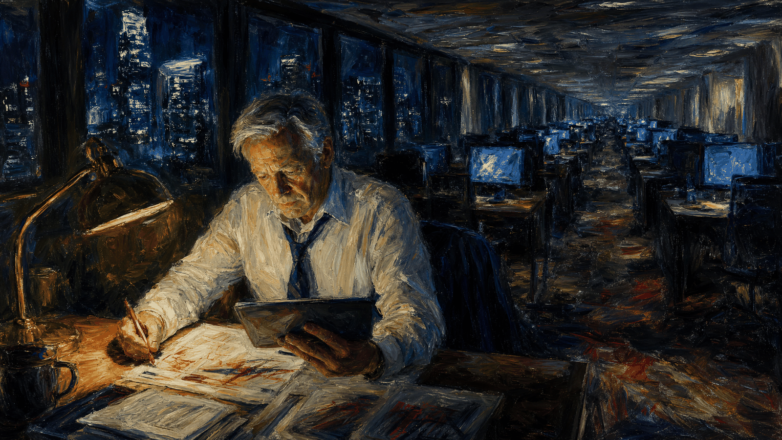 寫實油畫封面：深夜的投資銀行辦公室，一位年長銀行家坐在檯燈下用平板在簡報上畫記號，身後一整排空著的交易桌延伸進藍色的黑暗，螢幕只剩微光，窗外是城市夜景