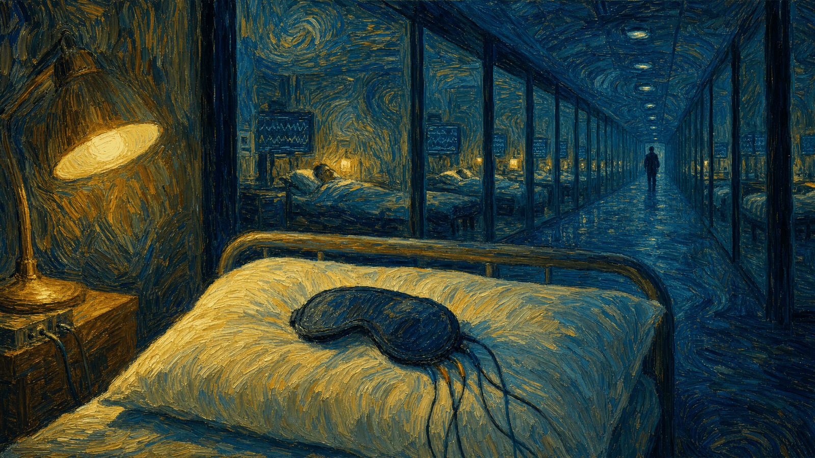 深夜的睡眠實驗室走廊，床邊檯燈照著枕上一只接著線的感測眼罩，長廊玻璃窗一間接一間往深處退去