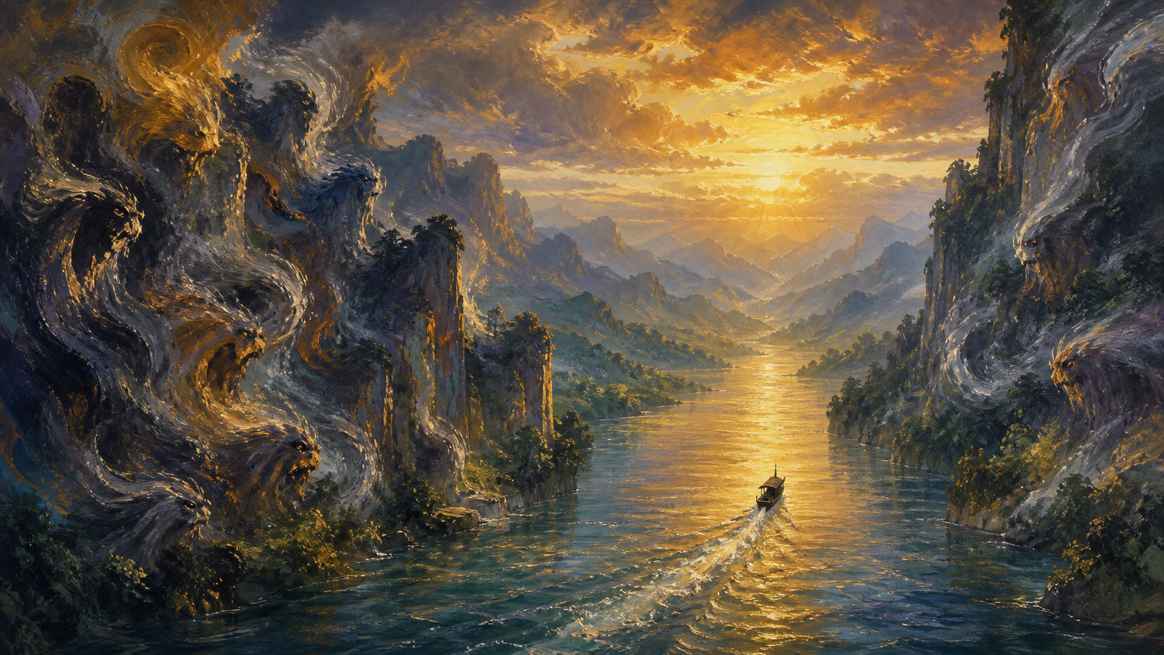 Oil painting cover: a misty gorge at dawn, howling shapes swirling in the cliffs on both banks, a small boat gliding forward through golden light