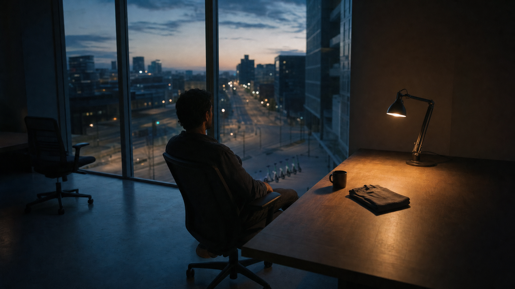 An empty office at five in the morning, one person sitting alone by the window, a folded T-shirt on the desk, and far below a city not yet awake with a row of shared micro-mobility docks