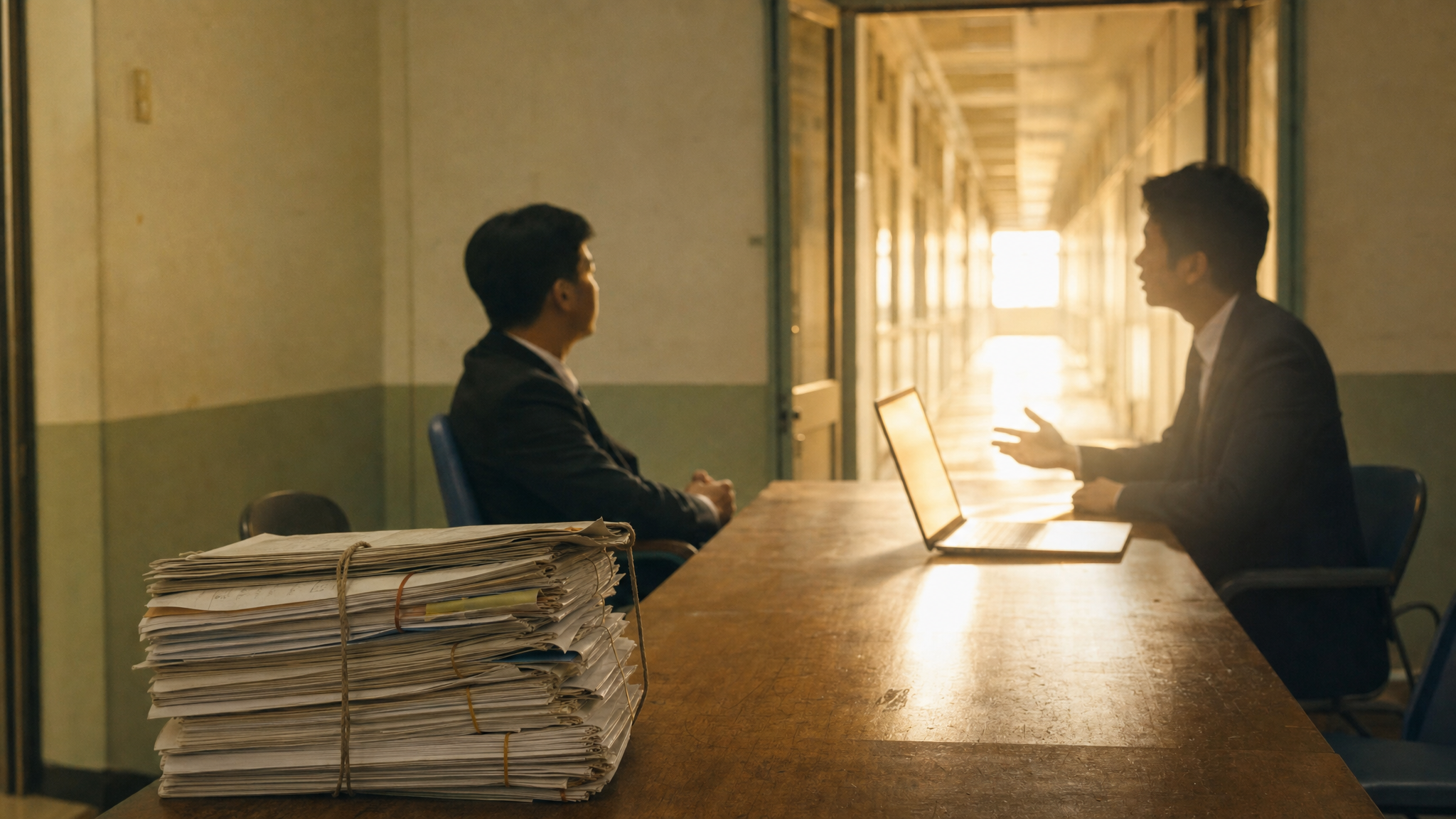 An early-morning government meeting room: paper files stacked at one end of a long table, an open laptop at the other, two people seated across from each other, one listening while the other speaks, corridor light falling in from deep behind them