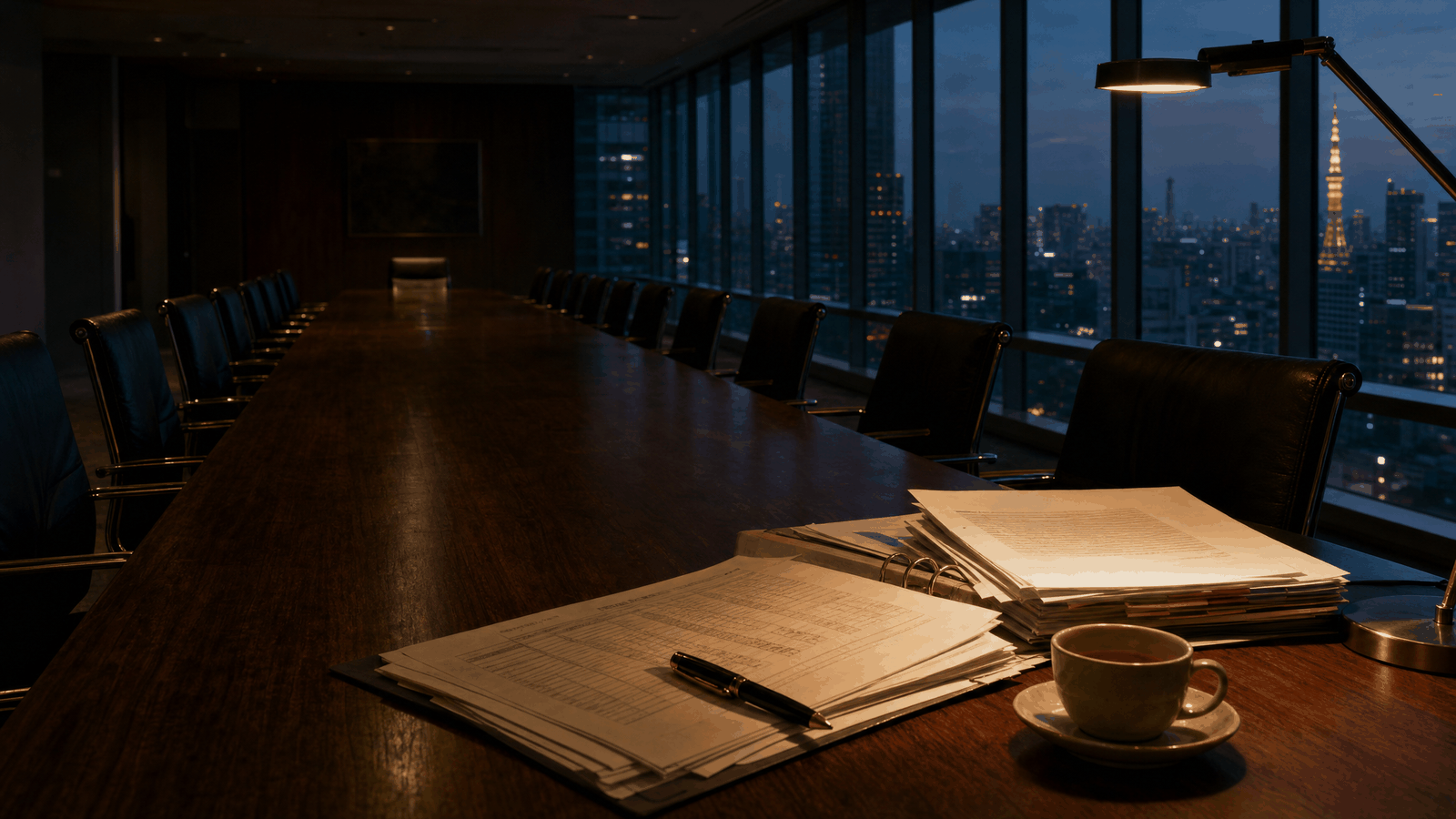 An early-evening boardroom table running away into the depth of the frame, a stack of open paper documents lit by a desk lamp at the near end, the far seats empty, Tokyo rooftops through the window