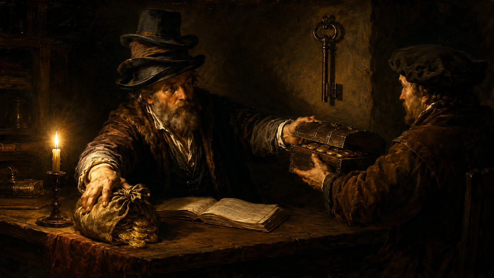 Baroque oil painting cover: a merchant's counting house at night, one merchant seated at a long table with three hats stacked on his head, one hand pushing a sack of gold coins toward a buyer, the other hand receiving a chest of the same coins back, a ledger open between them, a large bronze key on the wall, a single candle cutting the scene with light and shadow