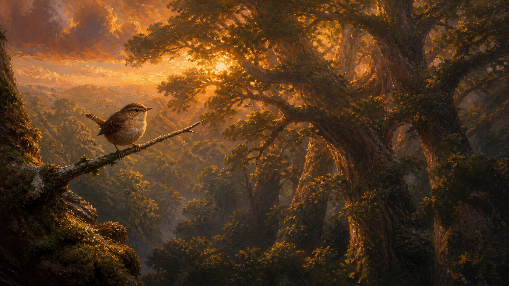 A small brown wren resting on a single slender branch as dusk light pours through an immense ancient forest