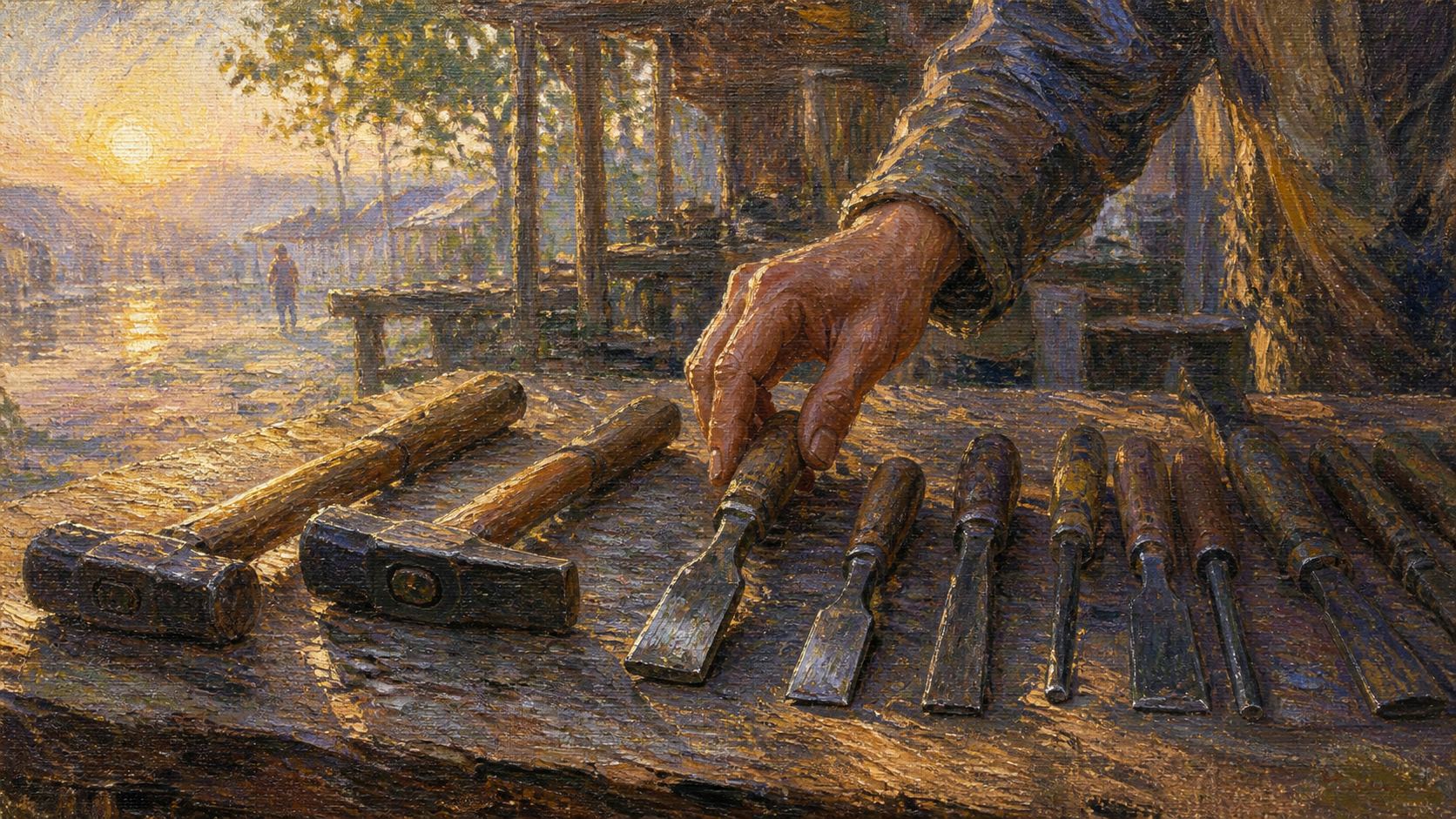 Impressionist oil painting of a toolmaker's stall at dawn: hammers and chisels of different weights laid side by side on a worn wooden table, a hand reaching for the one that fits, morning light raking in from the left in loose, vibrating brushstrokes