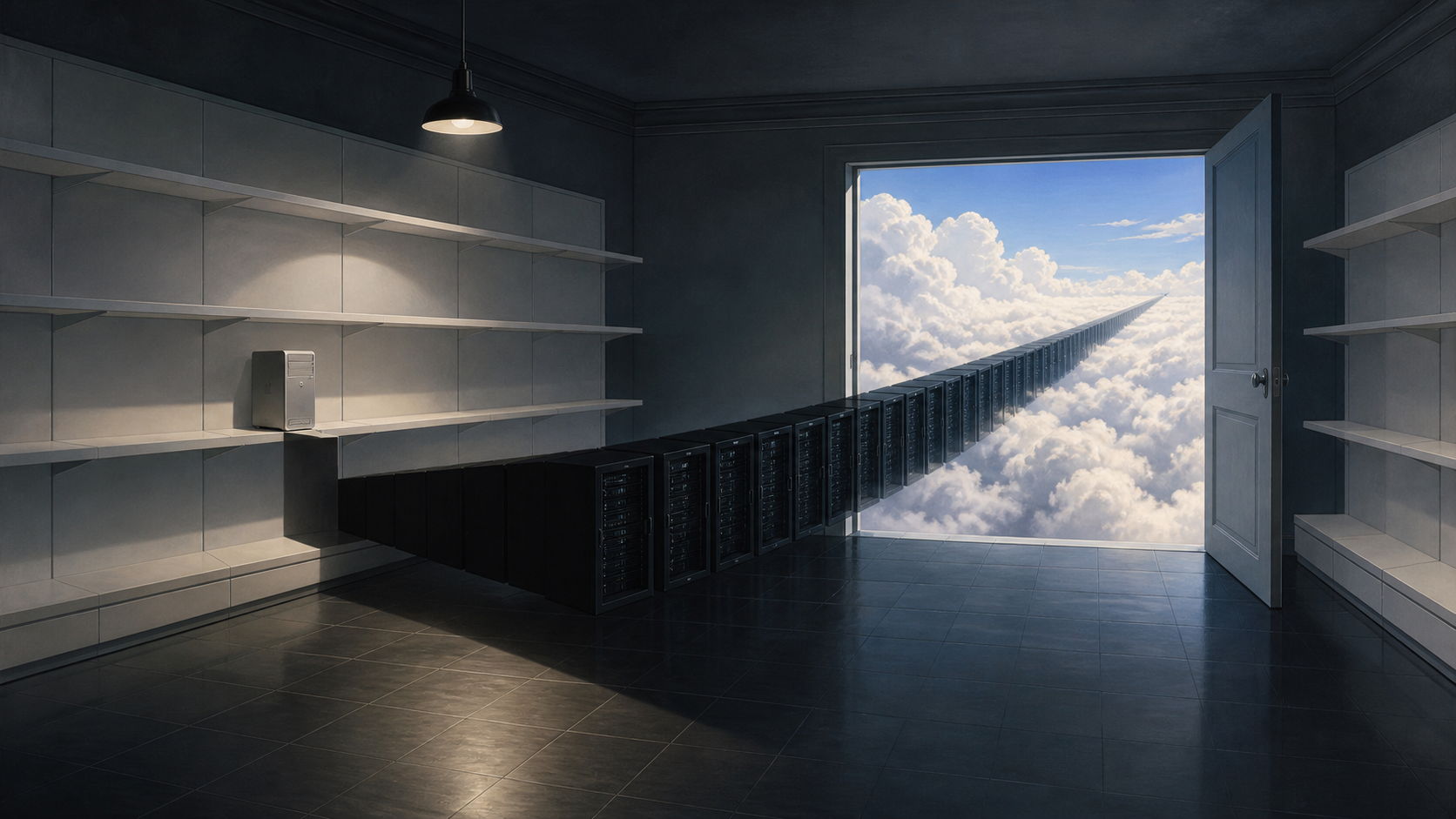 Surrealist oil painting cover: an empty Apple store with a single small desktop left on the shelf, its shadow stretching into a full row of server racks that runs out the door into the clouds; the sky is daytime, the floor is night