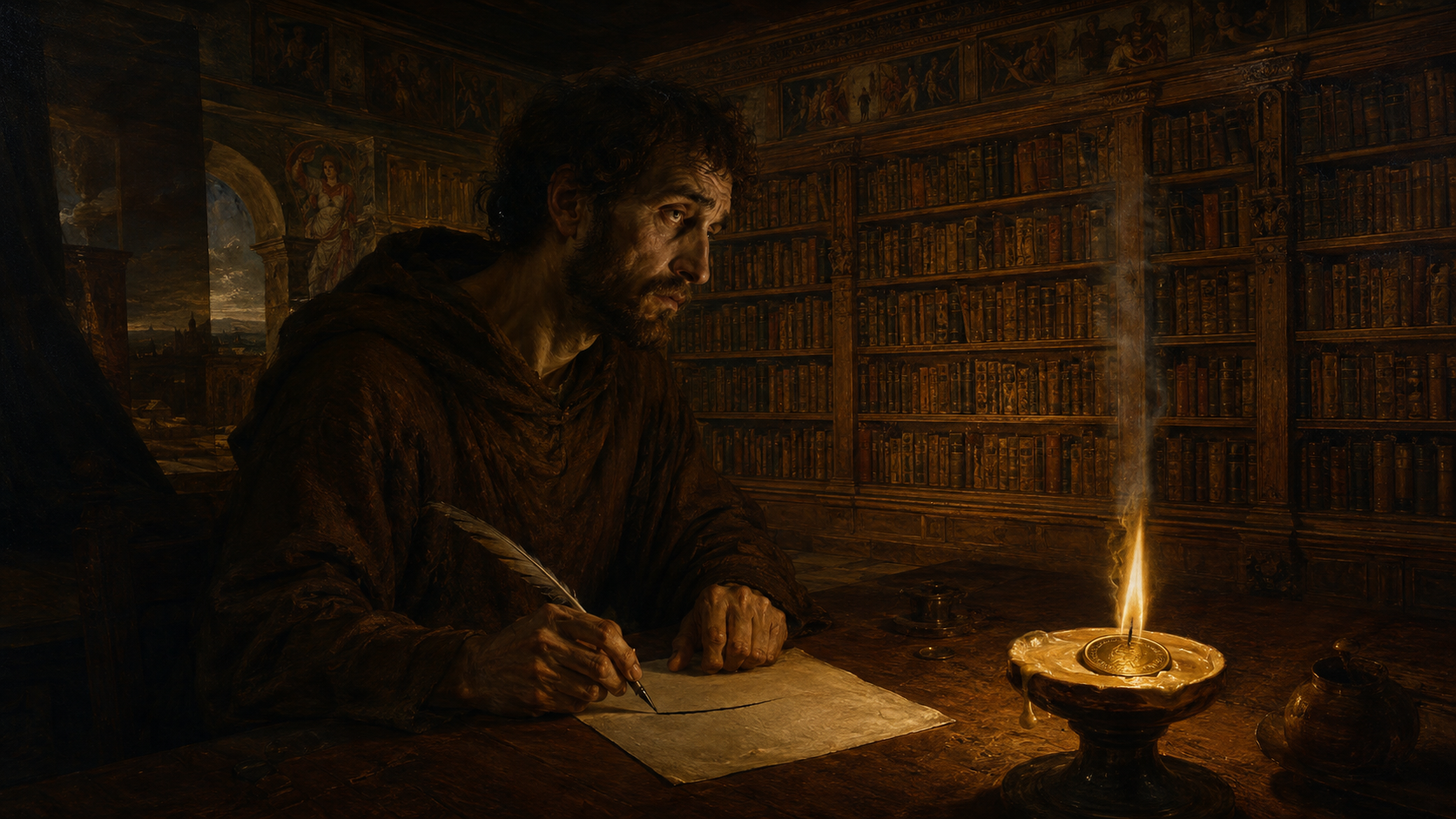 Renaissance-style oil painting cover: a scribe in coarse robes sits in a dim study, a single gold coin melting in the candle flame on his desk; his quill has written only one line, yet the whole wall of books behind him is lit as if every volume were being read at once