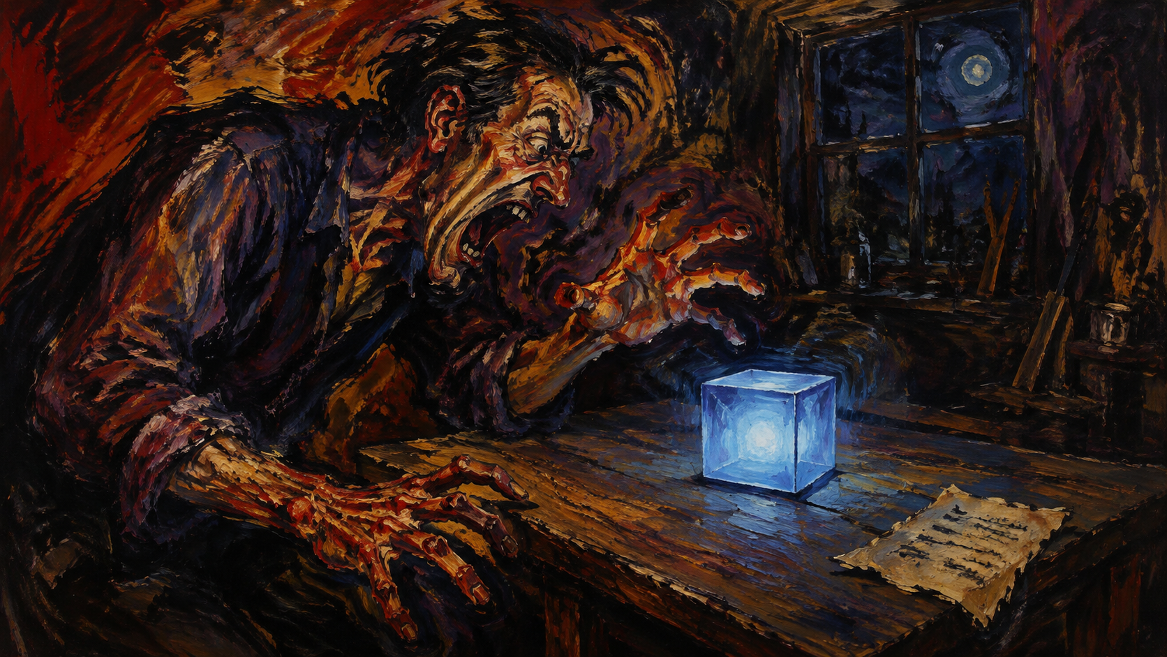Expressionist oil painting: in a dim workshop a man stands over a wooden desk shouting at a small glowing cube, his face and hands stretched and twisted; the cube glows a calm cold blue, unbothered; a handwritten note lies at the edge of the desk
