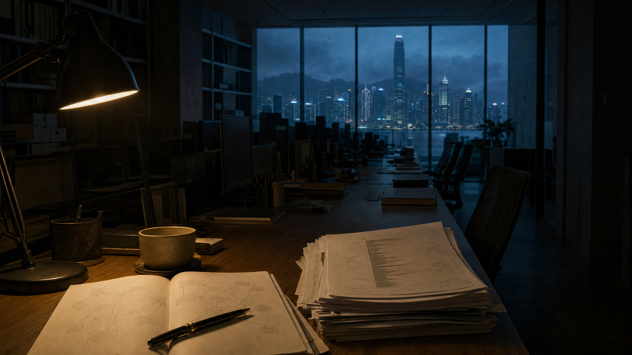 寫實油畫封面:黎明前一間安靜的研究室內景,深遠透視——一張長桌從最前景一路收束到遠端的落地窗,窗外是被晨霧裹住的冷藍色港灣城市天際線;最靠近鏡頭的前景在唯一一盞還亮著的暖色檯燈下,攤開的筆記本上是鉛筆手繪的供應鏈圖,旁邊疊著寫滿註記的財報
